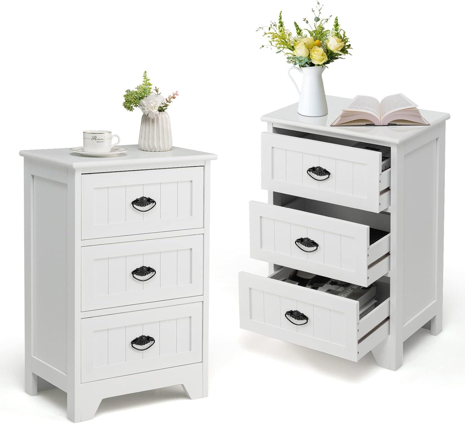 image:imageGiantex Nightstand with 3 Drawers Bedside Table with Exquisite Metal Handles Accent Table Sofa Side Table with Antitoppling Device for Bedroom Study BlackWhite