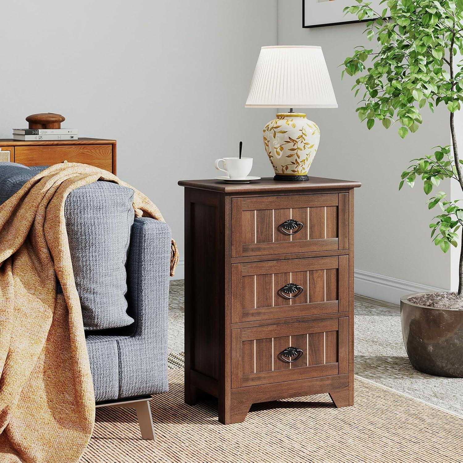 image:imageGiantex Nightstand with 3 Drawers Bedside Table with Exquisite Metal Handles Accent Table Sofa Side Table with Antitoppling Device for Bedroom Study BlackWalnut