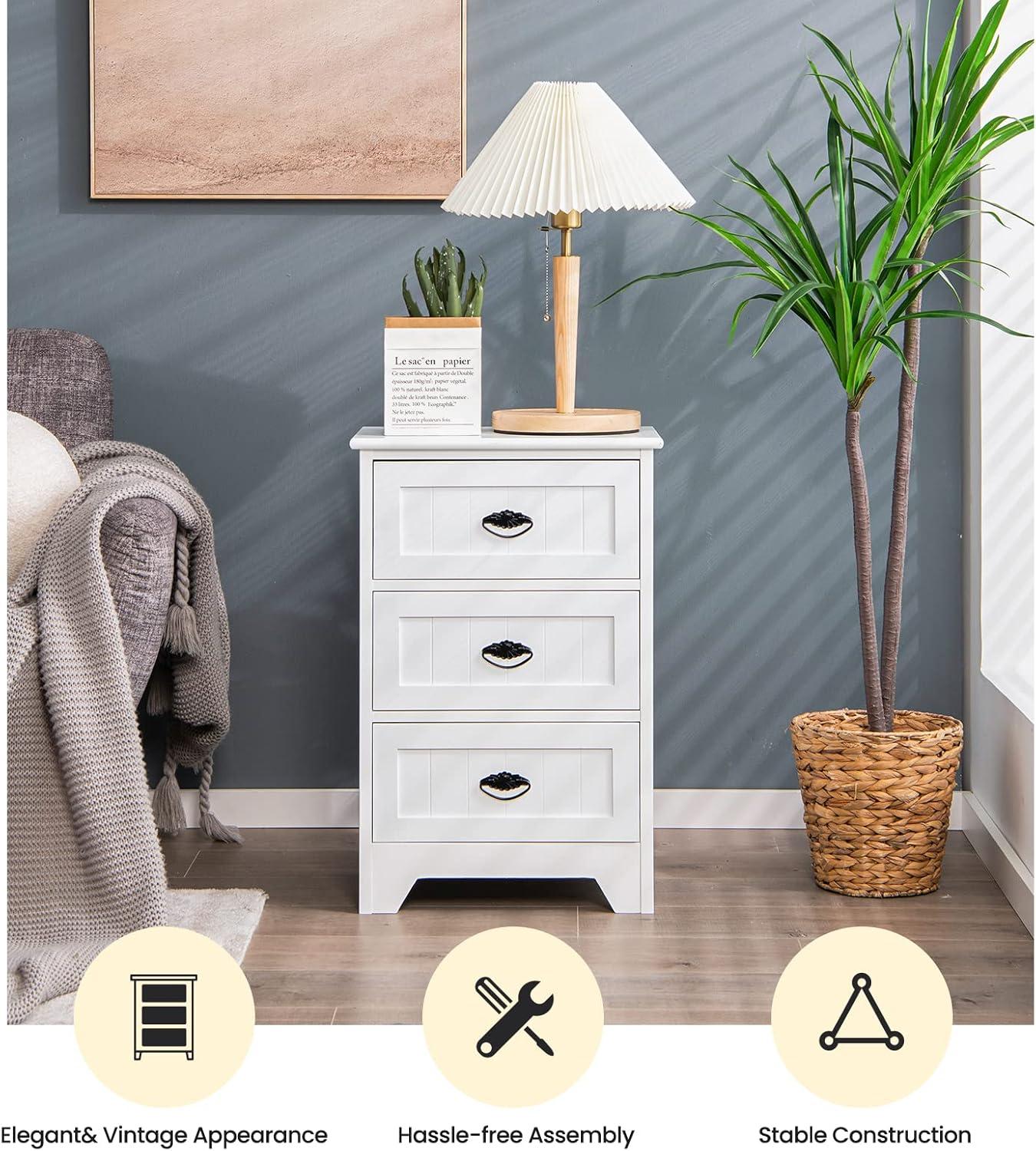 image:imageGiantex Nightstand with 3 Drawers Bedside Table with Exquisite Metal Handles Accent Table Sofa Side Table with Antitoppling Device for Bedroom Study BlackWhite