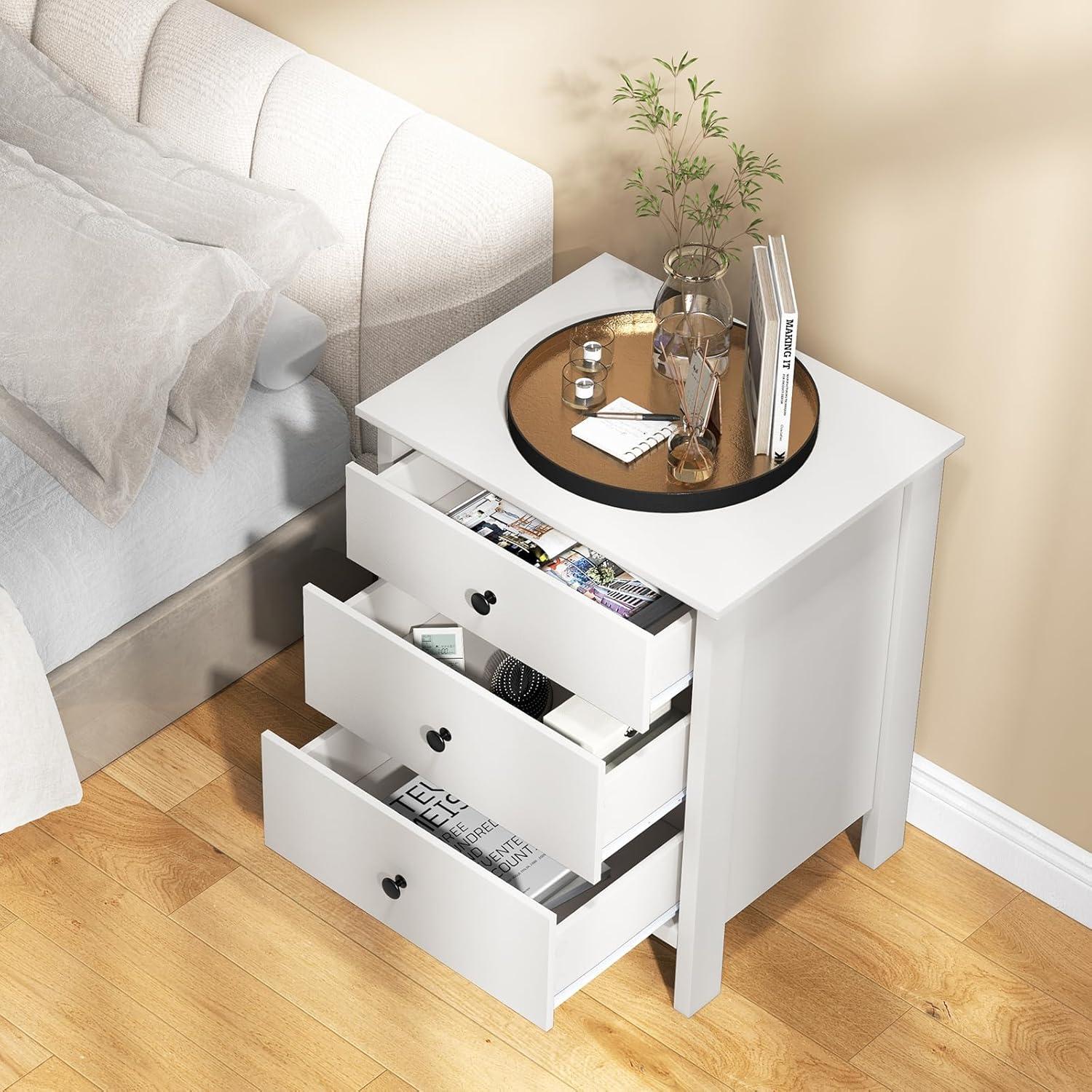 image:imageGiantex Nightstand with 3 Drawers Set of 2 Wooden Side End Table with Solid Wood Legs Retro 3Drawer Bedside Table Night Stand for Bedroom Home Office Small Space Easy Assembly WhiteWhite