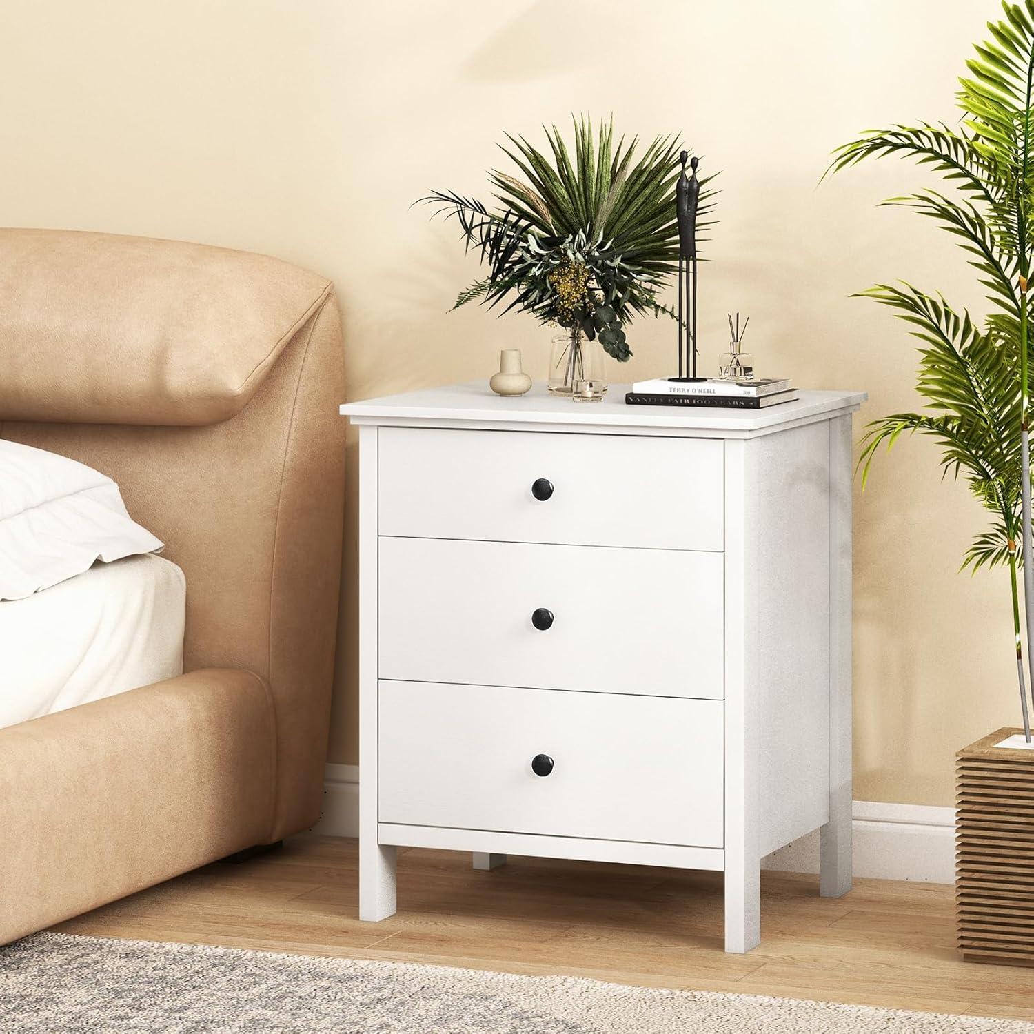 image:imageGiantex Nightstand with 3 Drawers Set of 2 Wooden Side End Table with Solid Wood Legs Retro 3Drawer Bedside Table Night Stand for Bedroom Home Office Small Space Easy Assembly WhiteWhite