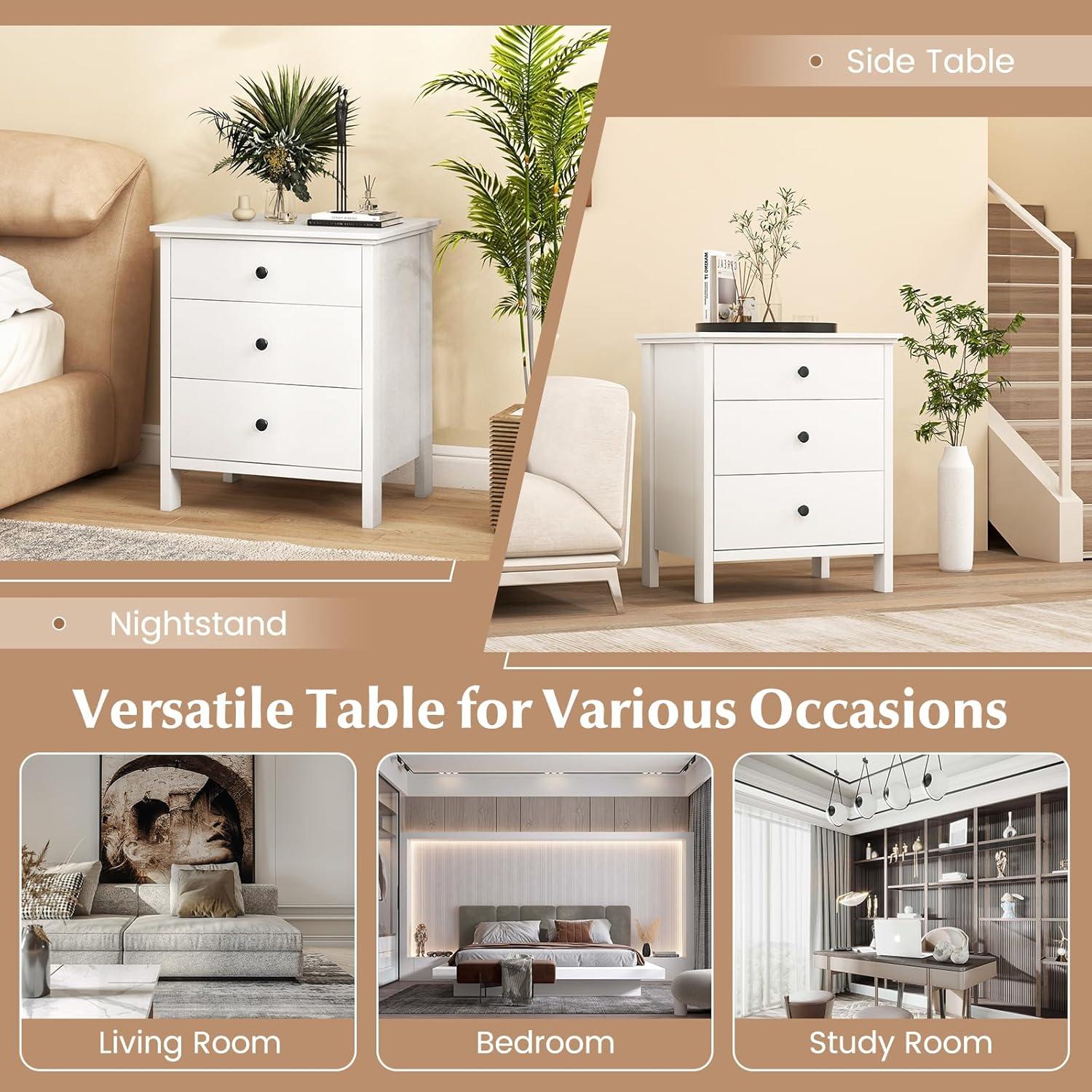 image:imageGiantex Nightstand with 3 Drawers Set of 2 Wooden Side End Table with Solid Wood Legs Retro 3Drawer Bedside Table Night Stand for Bedroom Home Office Small Space Easy Assembly WhiteWhite
