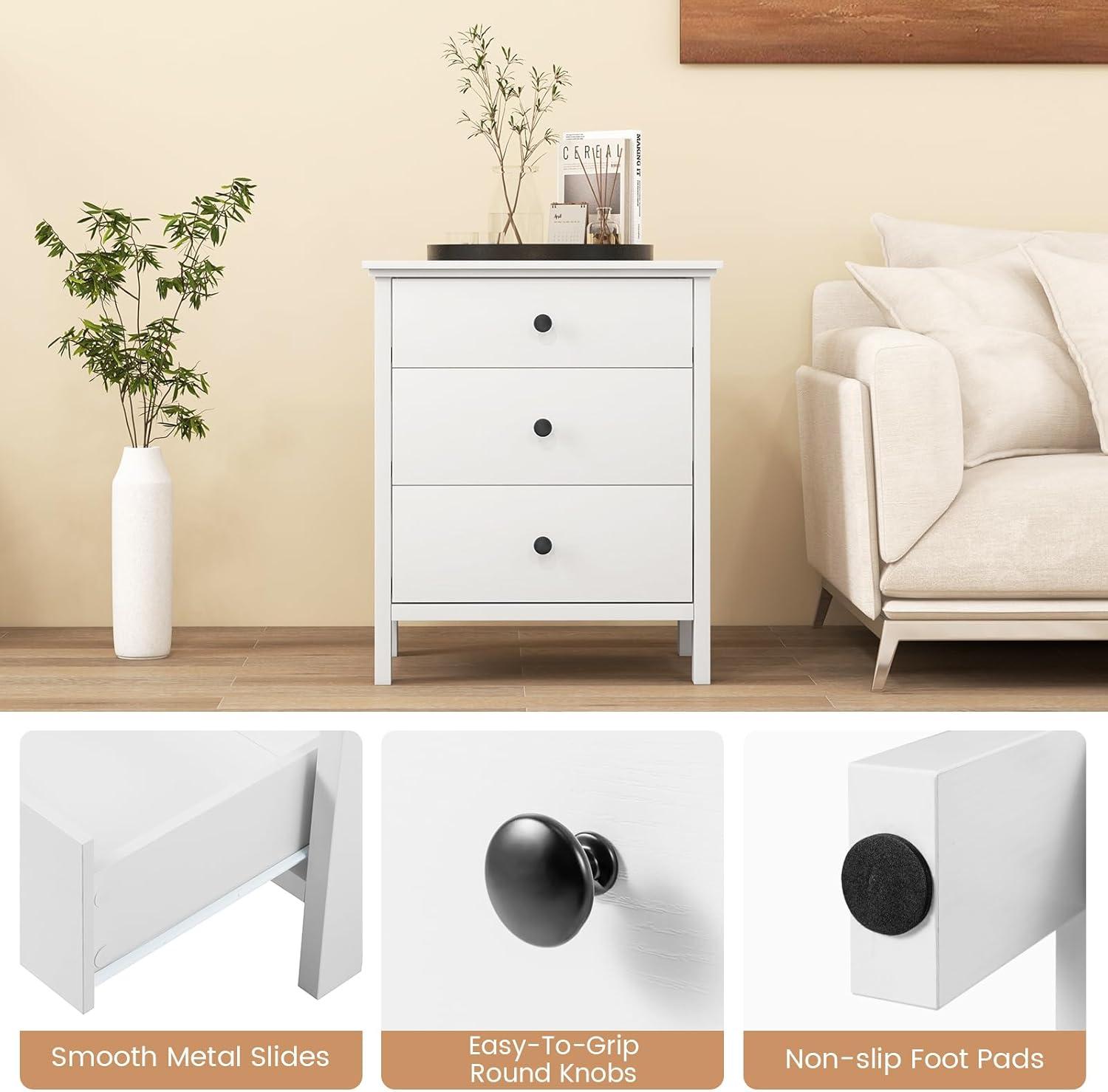 image:imageGiantex Nightstand with 3 Drawers Set of 2 Wooden Side End Table with Solid Wood Legs Retro 3Drawer Bedside Table Night Stand for Bedroom Home Office Small Space Easy Assembly WhiteWhite