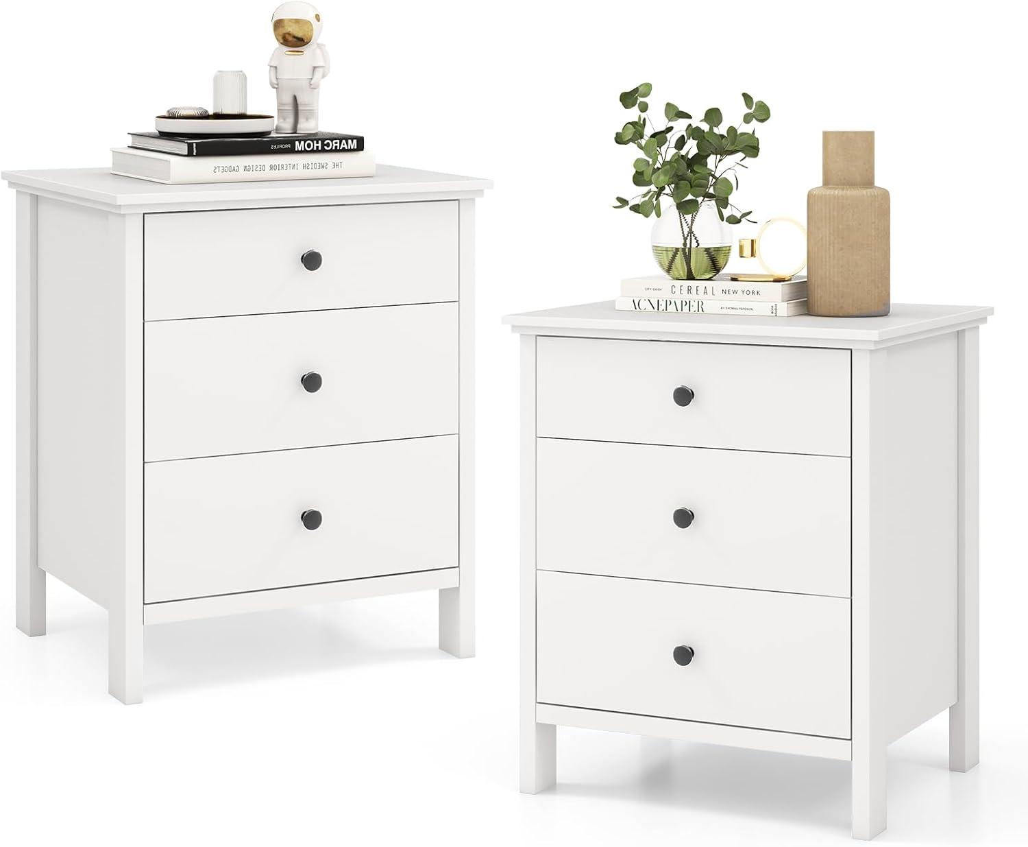 image:imageGiantex Nightstand with 3 Drawers Set of 2 Wooden Side End Table with Solid Wood Legs Retro 3Drawer Bedside Table Night Stand for Bedroom Home Office Small Space Easy Assembly WhiteWhite