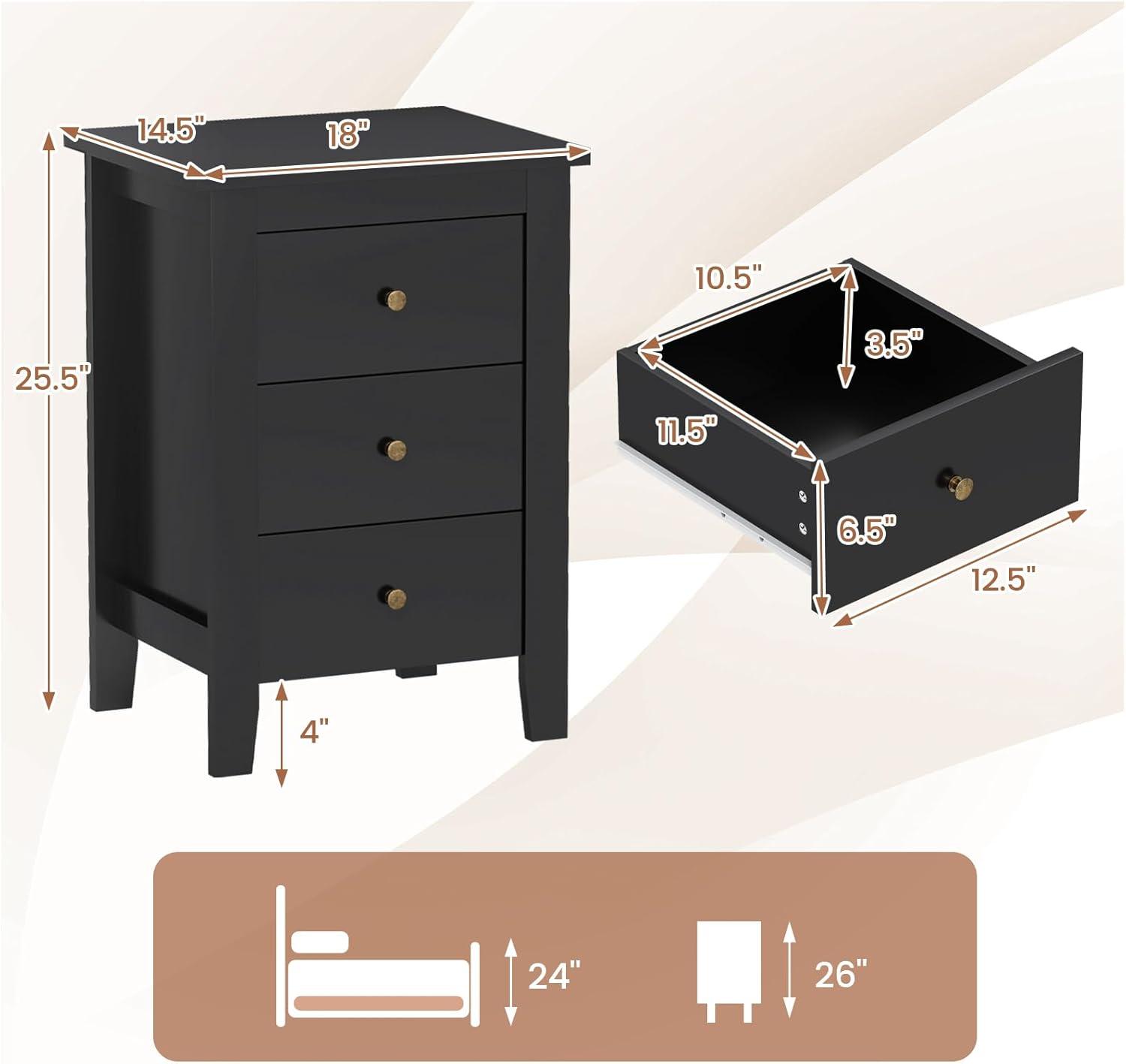 image:imageGiantex Nightstand with 3 Drawers Wood Walnut Night Stand Bedside Table wStorage Drawer amp Round Metal Knobs Vintage End Side Table for Dorm Bedroom Small Spaces 145 D x 18 W x 26 HBlack