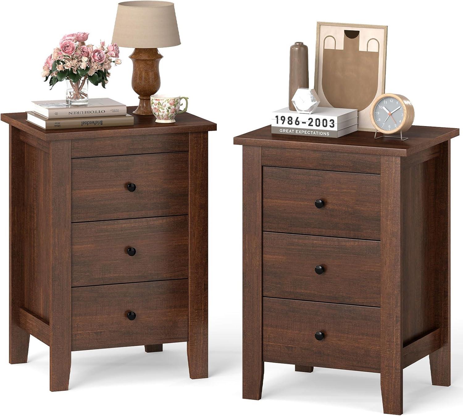 image:imageGiantex Nightstand with 3 Drawers Wood Walnut Night Stand Bedside Table wStorage Drawer amp Round Metal Knobs Vintage End Side Table for Dorm Bedroom Small Spaces 145 D x 18 W x 26 HWalnut