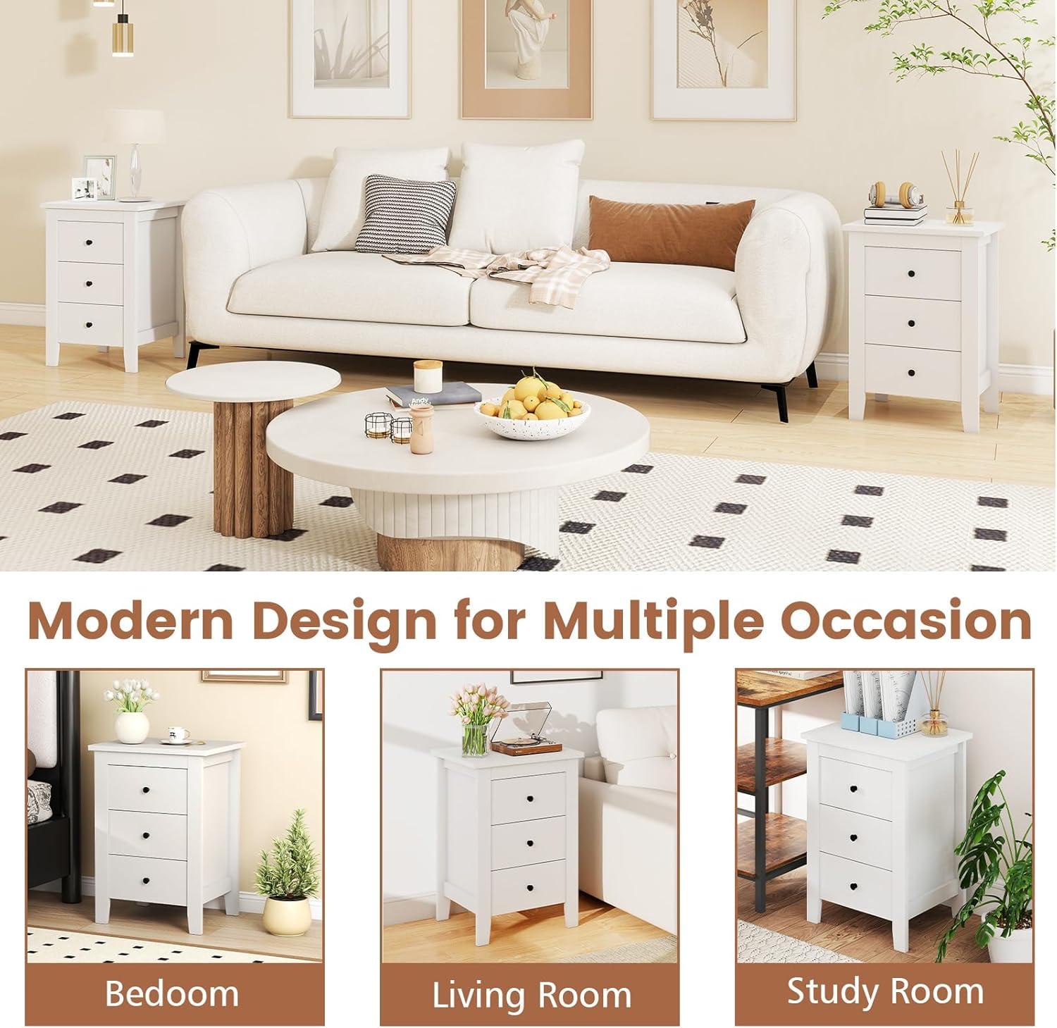 image:imageGiantex Nightstand with 3 Drawers Wood Walnut Night Stand Bedside Table wStorage Drawer amp Round Metal Knobs Vintage End Side Table for Dorm Bedroom Small Spaces 145 D x 18 W x 26 HWhite