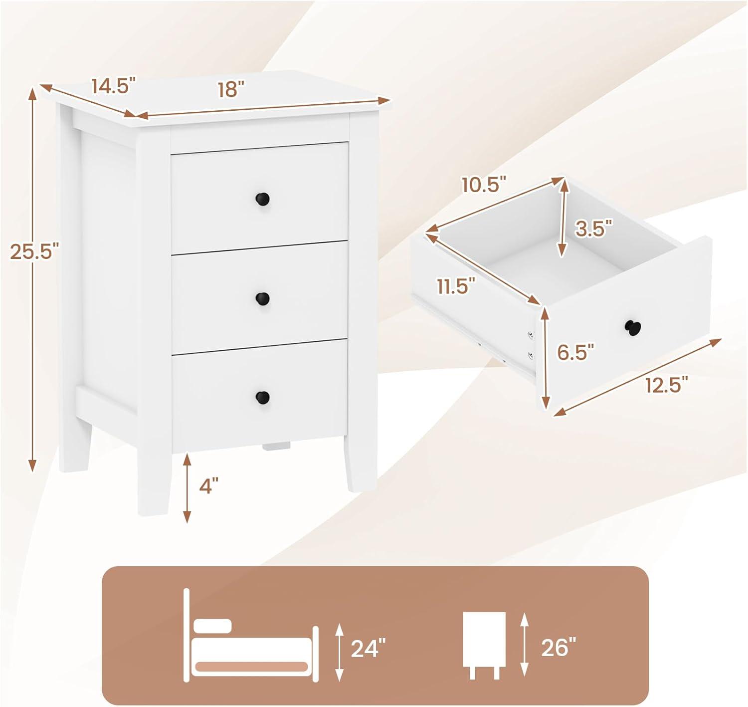image:imageGiantex Nightstand with 3 Drawers Wood Walnut Night Stand Bedside Table wStorage Drawer amp Round Metal Knobs Vintage End Side Table for Dorm Bedroom Small Spaces 145 D x 18 W x 26 HWhite
