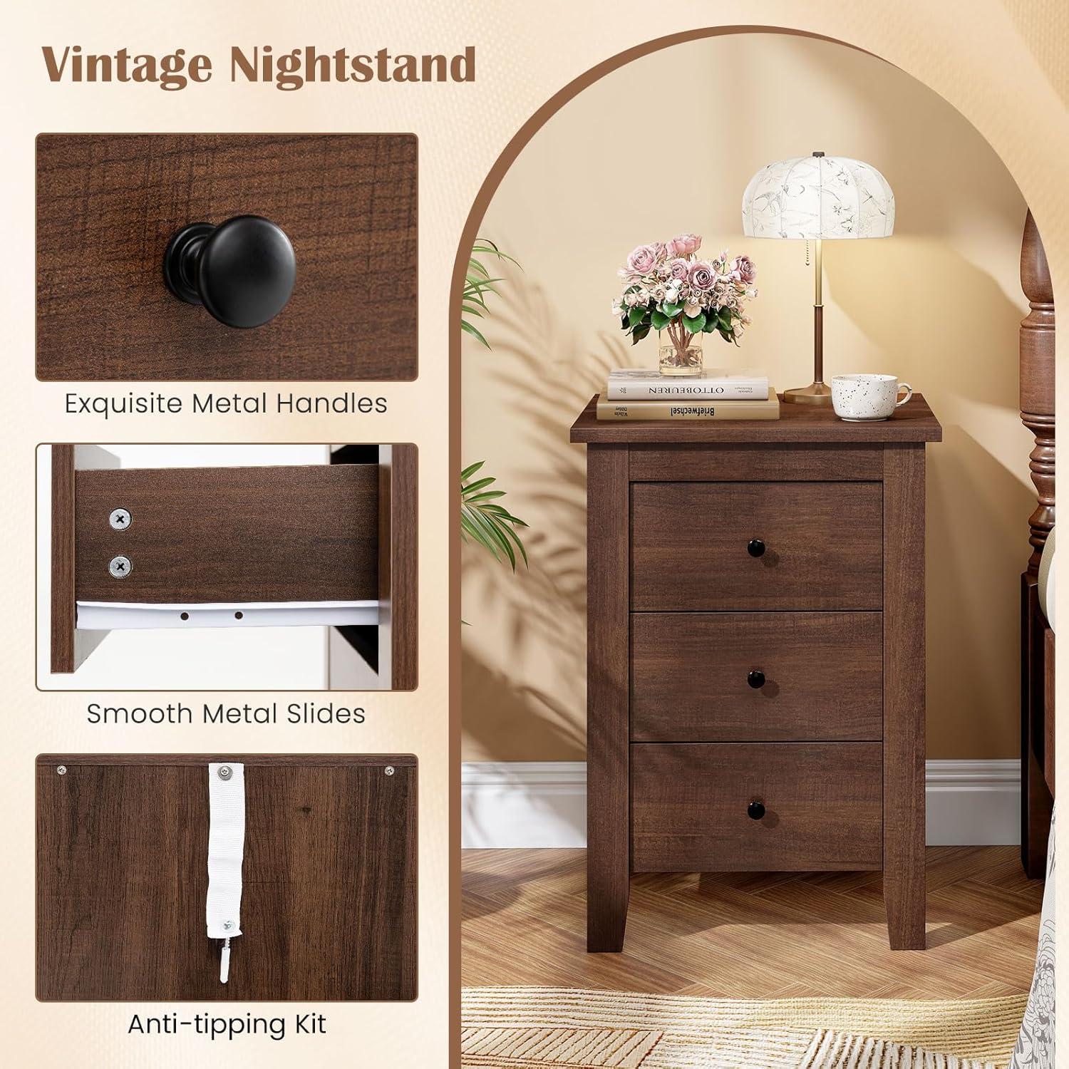 image:imageGiantex Nightstand with 3 Drawers Wood Walnut Night Stand Bedside Table wStorage Drawer amp Round Metal Knobs Vintage End Side Table for Dorm Bedroom Small Spaces 145 D x 18 W x 26 HWalnut