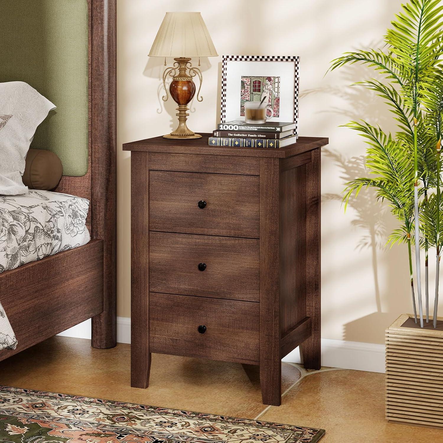 image:imageGiantex Nightstand with 3 Drawers Wood Walnut Night Stand Bedside Table wStorage Drawer amp Round Metal Knobs Vintage End Side Table for Dorm Bedroom Small Spaces 145 D x 18 W x 26 HWalnut