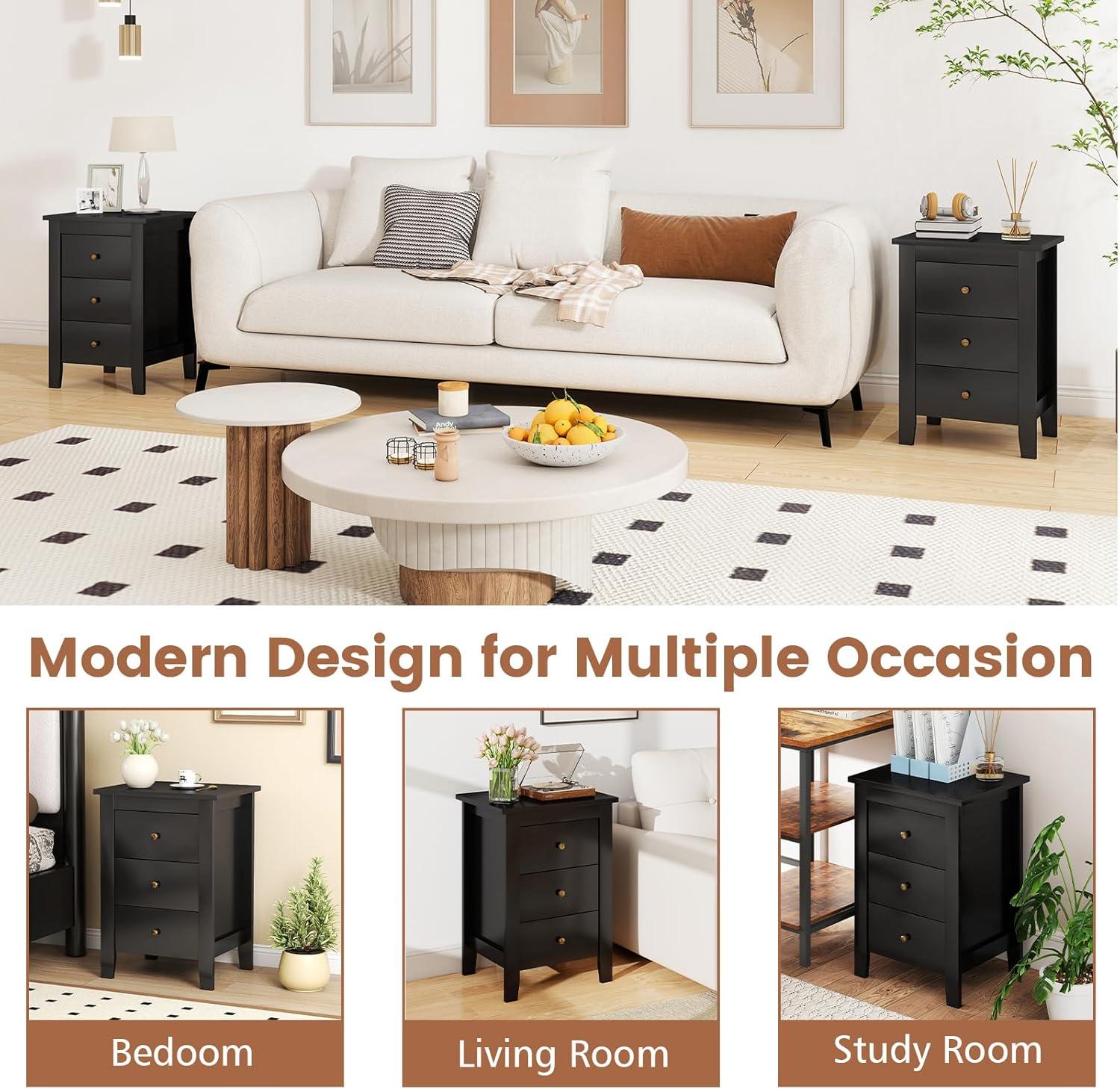 image:imageGiantex Nightstand with 3 Drawers Wood Walnut Night Stand Bedside Table wStorage Drawer amp Round Metal Knobs Vintage End Side Table for Dorm Bedroom Small Spaces 145 D x 18 W x 26 HBlack