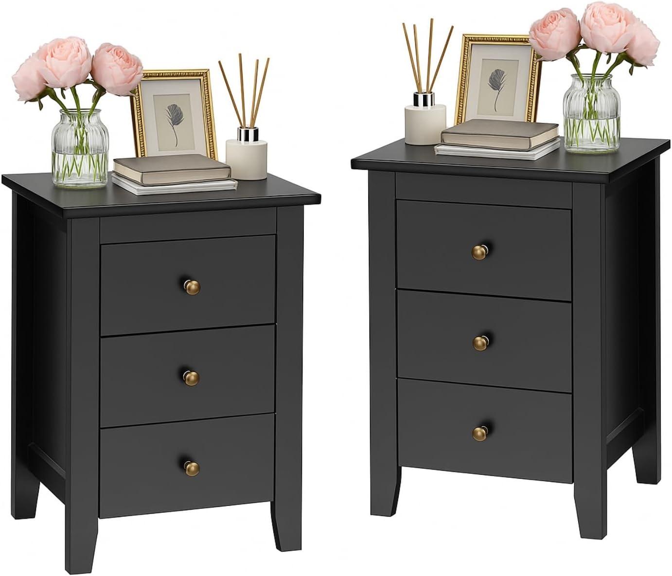 image:imageGiantex Nightstand with 3 Drawers Wood Walnut Night Stand Bedside Table wStorage Drawer amp Round Metal Knobs Vintage End Side Table for Dorm Bedroom Small Spaces 145 D x 18 W x 26 HBlack