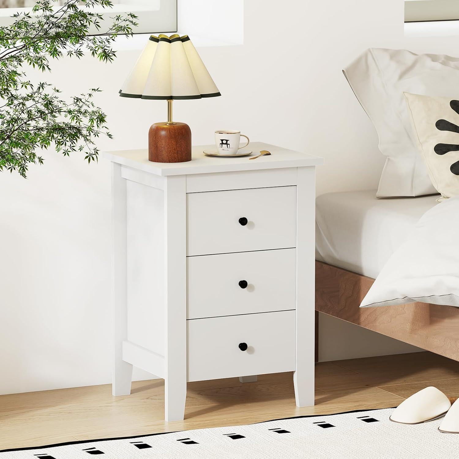 image:imageGiantex Nightstand with 3 Drawers Wood Walnut Night Stand Bedside Table wStorage Drawer amp Round Metal Knobs Vintage End Side Table for Dorm Bedroom Small Spaces 145 D x 18 W x 26 HWhite