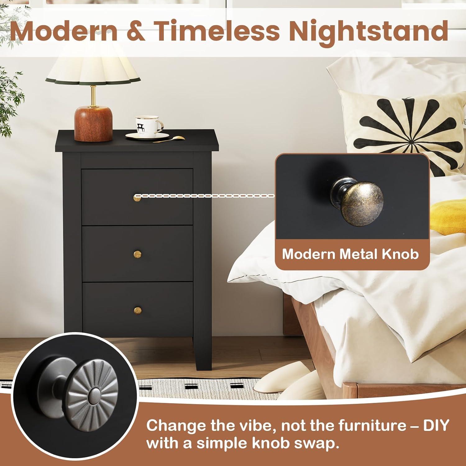 image:imageGiantex Nightstand with 3 Drawers Wood Walnut Night Stand Bedside Table wStorage Drawer amp Round Metal Knobs Vintage End Side Table for Dorm Bedroom Small Spaces 145 D x 18 W x 26 HBlack