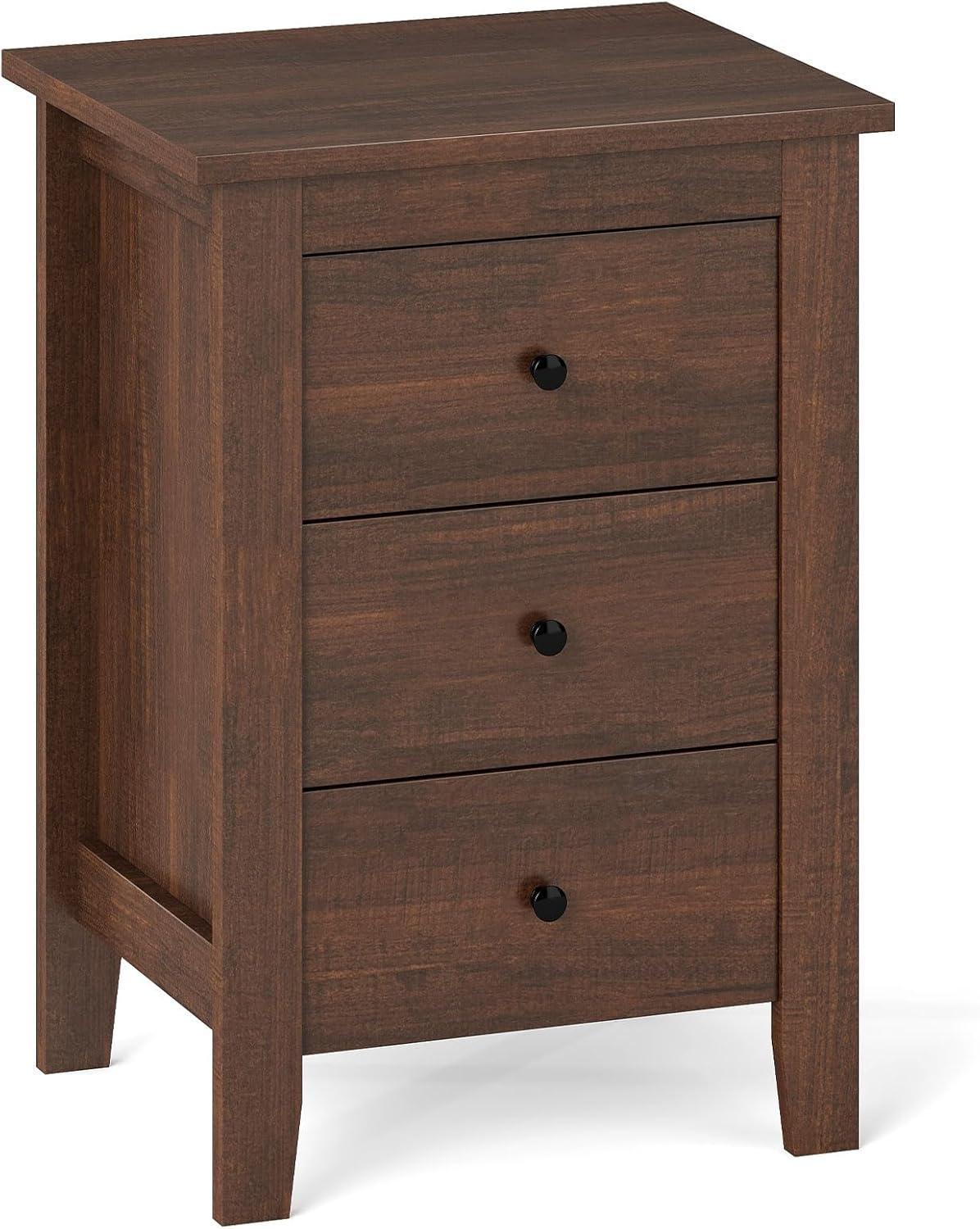 image:imageGiantex Nightstand with 3 Drawers Wood Walnut Night Stand Bedside Table wStorage Drawer amp Round Metal Knobs Vintage End Side Table for Dorm Bedroom Small Spaces 145 D x 18 W x 26 HWalnut