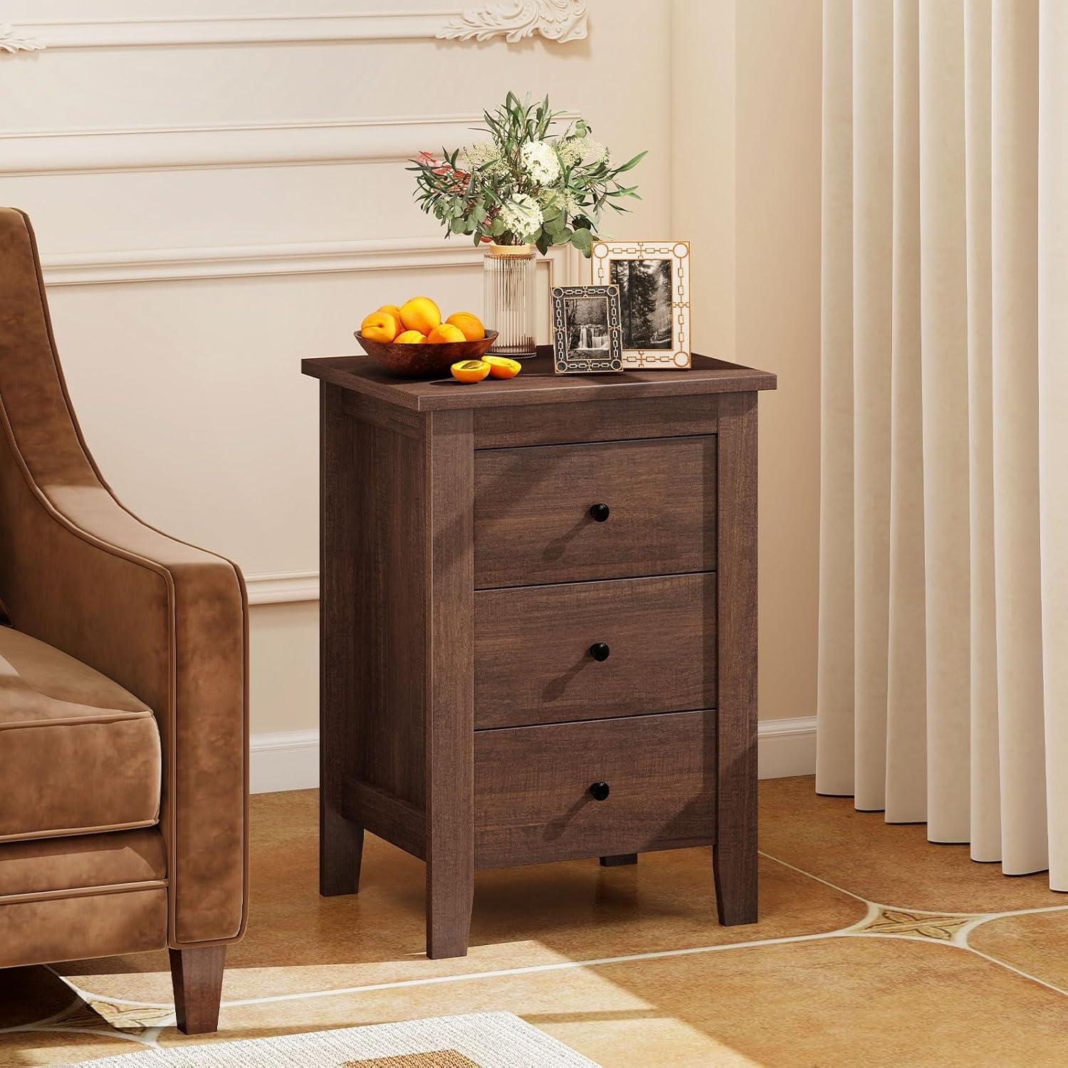image:imageGiantex Nightstand with 3 Drawers Wood Walnut Night Stand Bedside Table wStorage Drawer amp Round Metal Knobs Vintage End Side Table for Dorm Bedroom Small Spaces 145 D x 18 W x 26 HWalnut