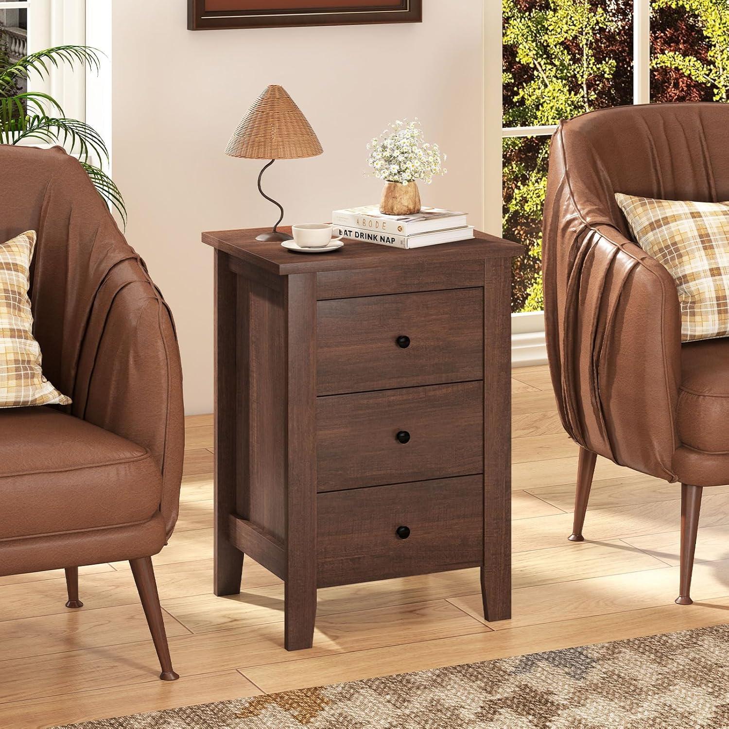 image:imageGiantex Nightstand with 3 Drawers Wood Walnut Night Stand Bedside Table wStorage Drawer amp Round Metal Knobs Vintage End Side Table for Dorm Bedroom Small Spaces 145 D x 18 W x 26 HWalnut