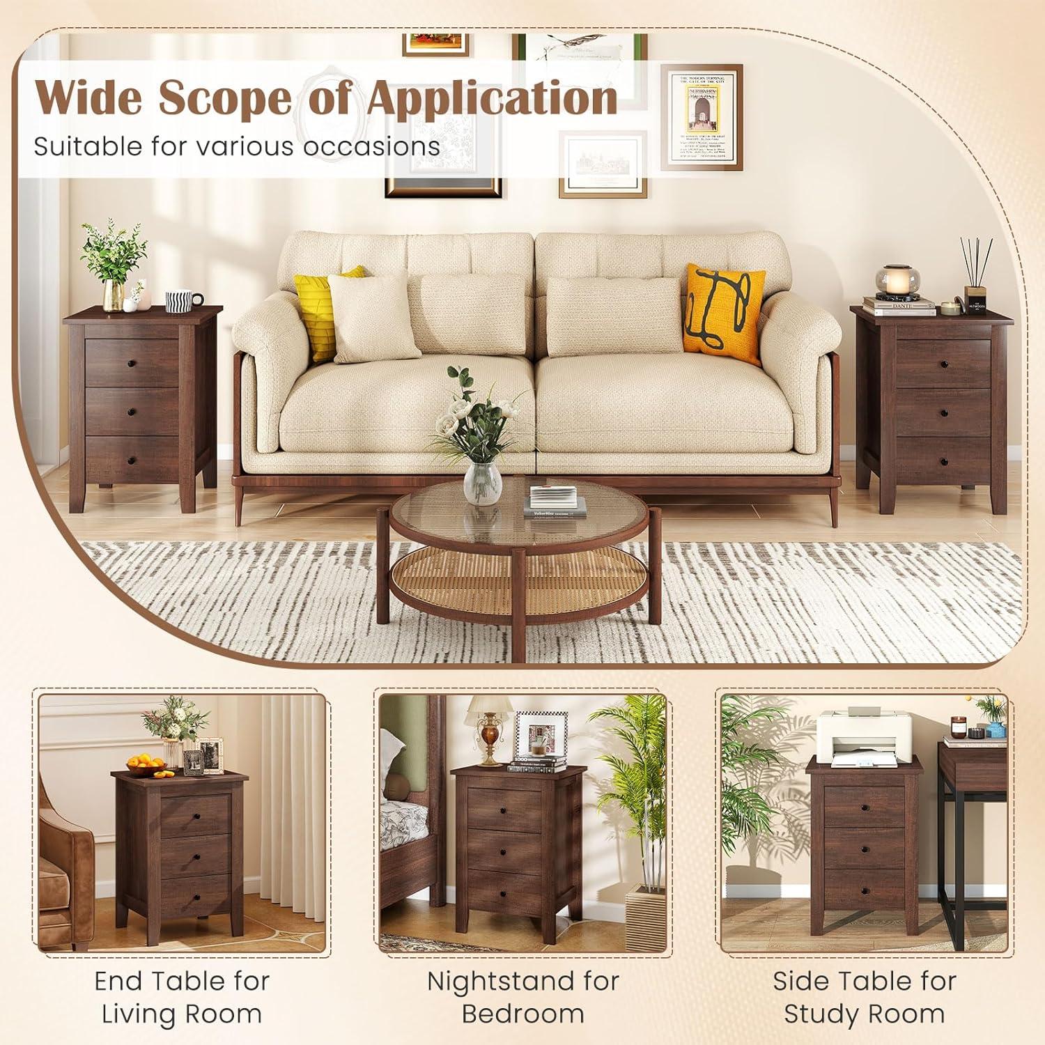 image:imageGiantex Nightstand with 3 Drawers Wood Walnut Night Stand Bedside Table wStorage Drawer amp Round Metal Knobs Vintage End Side Table for Dorm Bedroom Small Spaces 145 D x 18 W x 26 HWalnut