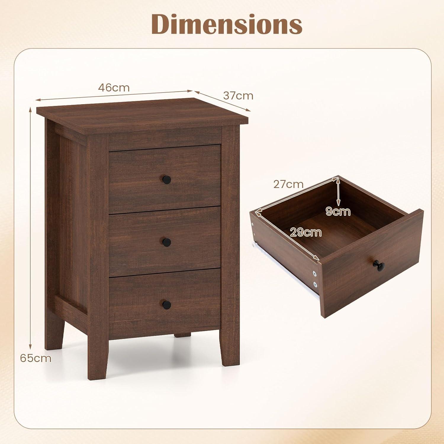 image:imageGiantex Nightstand with 3 Drawers Wood Walnut Night Stand Bedside Table wStorage Drawer amp Round Metal Knobs Vintage End Side Table for Dorm Bedroom Small Spaces 145 D x 18 W x 26 HWalnut