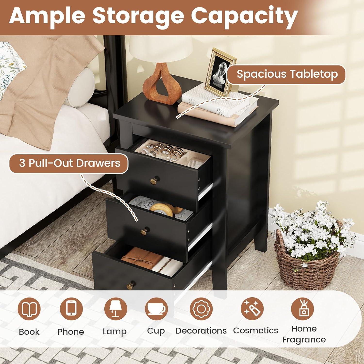 image:imageGiantex Nightstand with 3 Drawers Wood Walnut Night Stand Bedside Table wStorage Drawer amp Round Metal Knobs Vintage End Side Table for Dorm Bedroom Small Spaces 145 D x 18 W x 26 HBlack