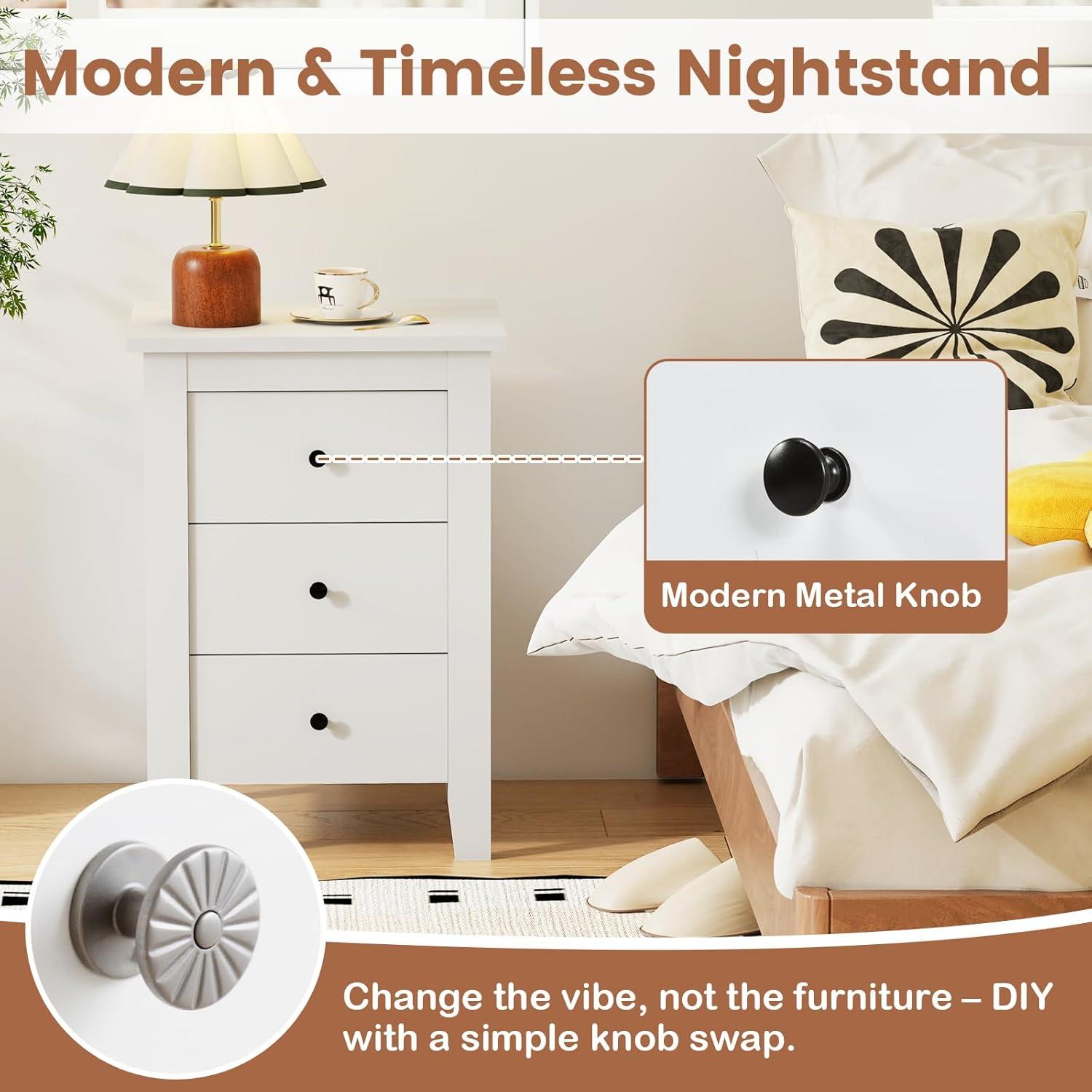 image:imageGiantex Nightstand with 3 Drawers Wood Walnut Night Stand Bedside Table wStorage Drawer amp Round Metal Knobs Vintage End Side Table for Dorm Bedroom Small Spaces 145 D x 18 W x 26 HWhite