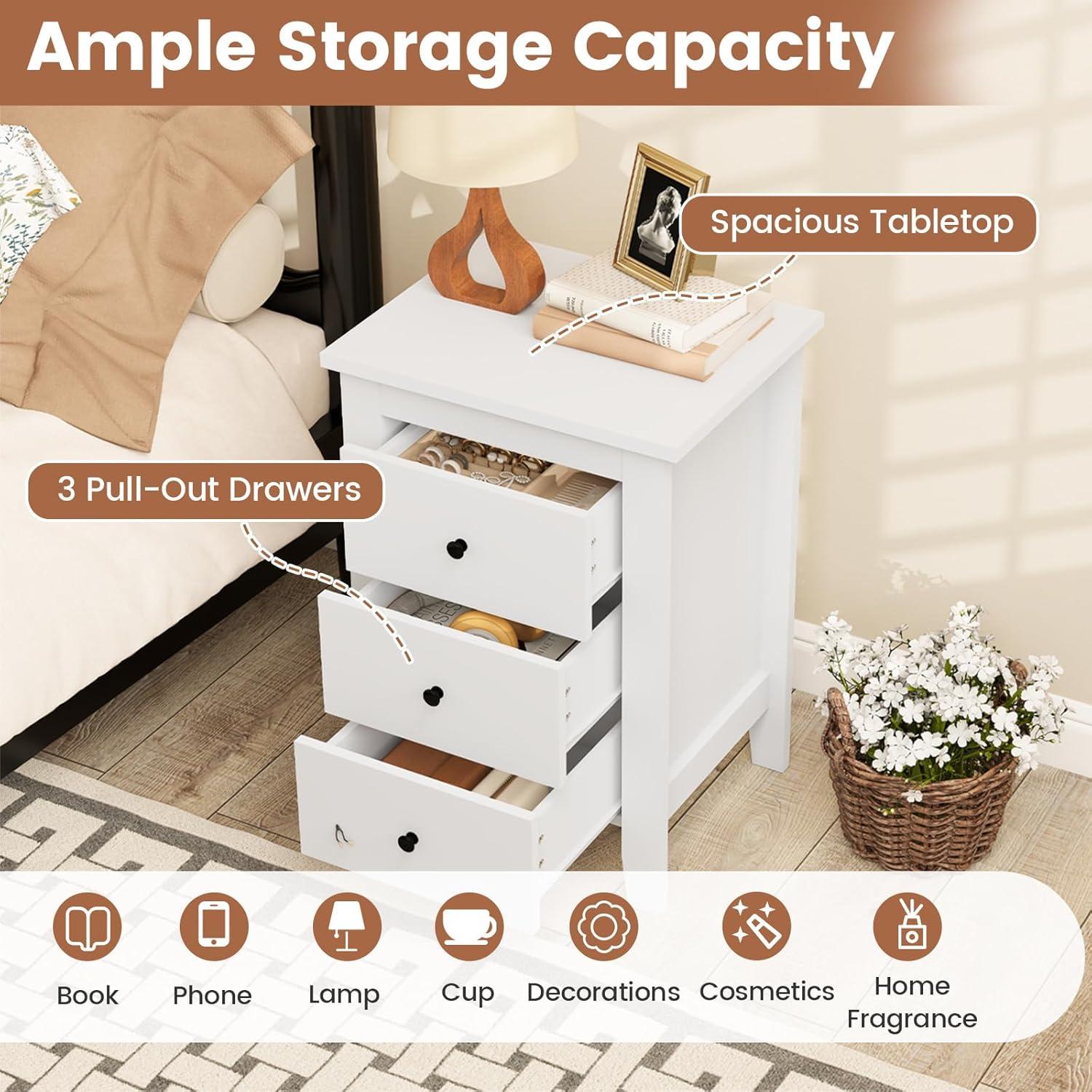 image:imageGiantex Nightstand with 3 Drawers Wood Walnut Night Stand Bedside Table wStorage Drawer amp Round Metal Knobs Vintage End Side Table for Dorm Bedroom Small Spaces 145 D x 18 W x 26 HWhite