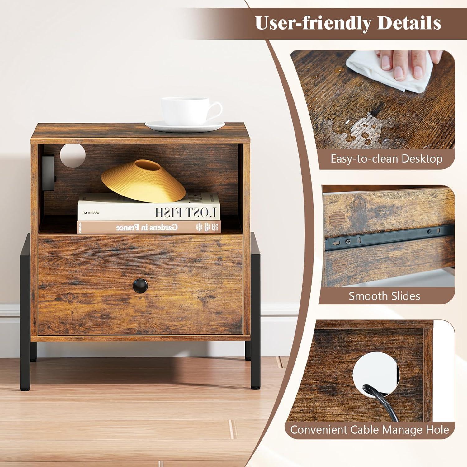 image:imageGiantex Nightstand with Charging Station Industrial End Table with Storage Drawer amp Open Compartment Wood Sofa Side Table with USB Port and Outlets Bedside Table for Bedroom Rustic Brown2