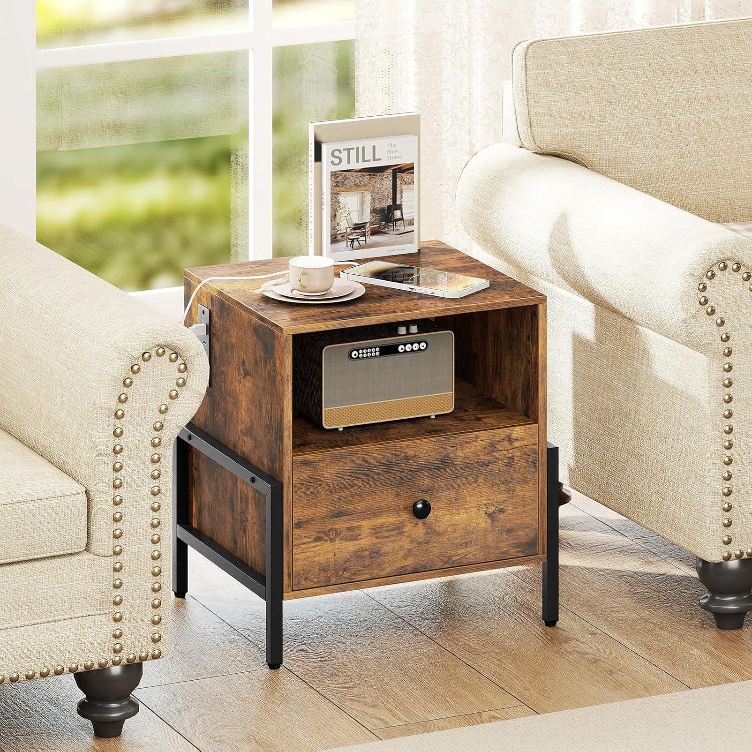 image:imageGiantex Nightstand with Charging Station Industrial End Table with Storage Drawer amp Open Compartment Wood Sofa Side Table with USB Port and Outlets Bedside Table for Bedroom Rustic Brown2