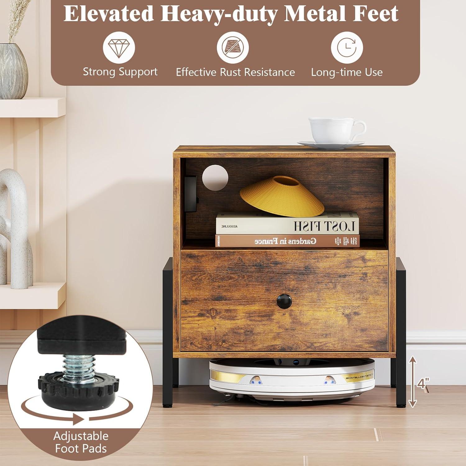 image:imageGiantex Nightstand with Charging Station Industrial End Table with Storage Drawer amp Open Compartment Wood Sofa Side Table with USB Port and Outlets Bedside Table for Bedroom Rustic Brown2
