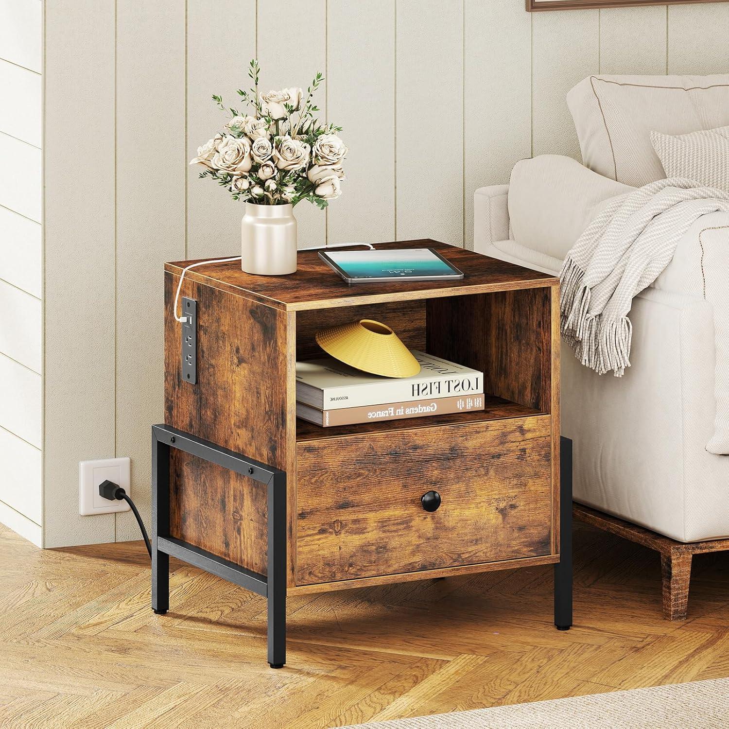 image:imageGiantex Nightstand with Charging Station Industrial End Table with Storage Drawer amp Open Compartment Wood Sofa Side Table with USB Port and Outlets Bedside Table for Bedroom Rustic Brown2