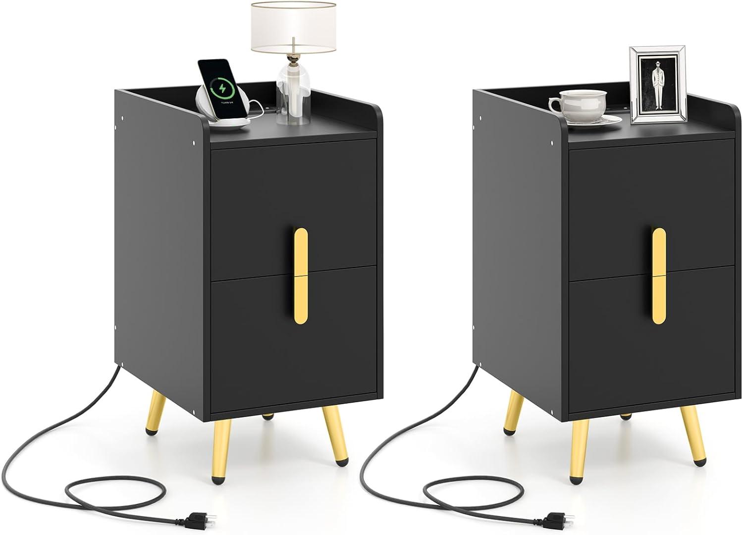 image:imageGiantex Nightstand with Charging Station Narrow End Table with 2 Drawers amp Metal Gold Legs Small Sofa Side Table w 2 USB Ports and 3 Outlets Modern Night Stand for Small Spaces Rustic BrownBlack