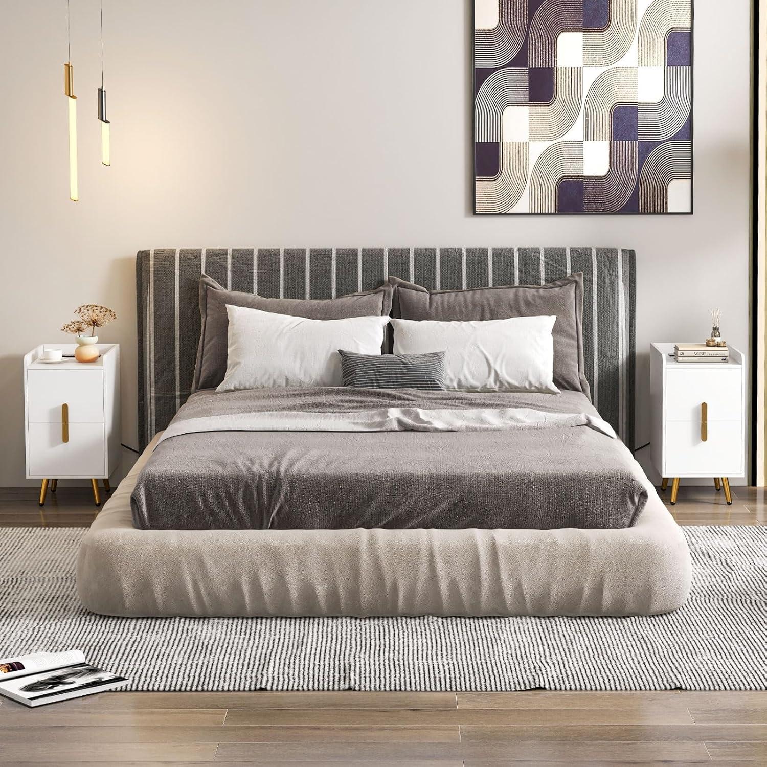 image:imageGiantex Nightstand with Charging Station Narrow End Table with 2 Drawers amp Metal Gold Legs Small Sofa Side Table w 2 USB Ports and 3 Outlets Modern Night Stand for Small Spaces Rustic BrownWhite
