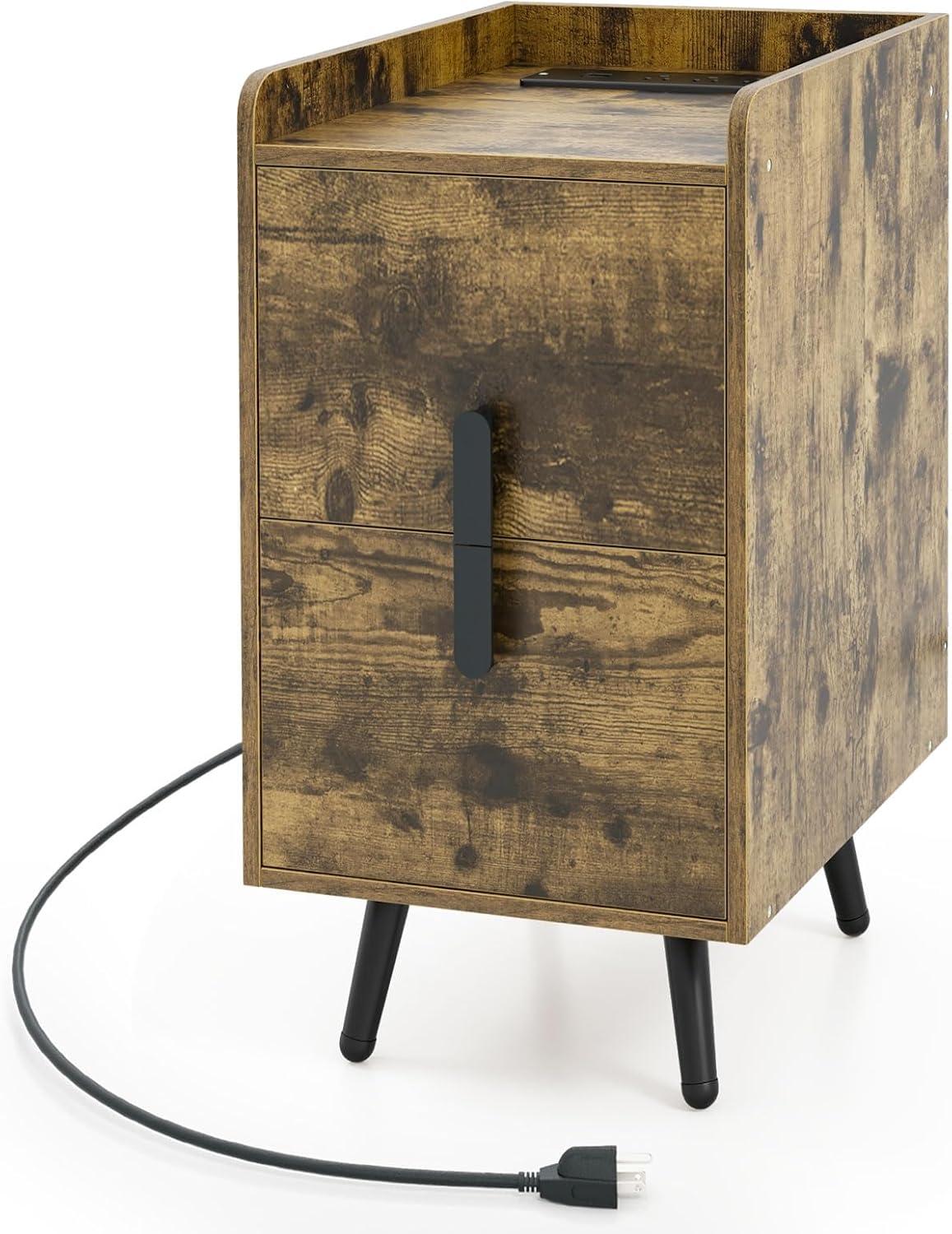 image:imageGiantex Nightstand with Charging Station Narrow End Table with 2 Drawers amp Metal Gold Legs Small Sofa Side Table w 2 USB Ports and 3 Outlets Modern Night Stand for Small Spaces Rustic BrownRustic Brown