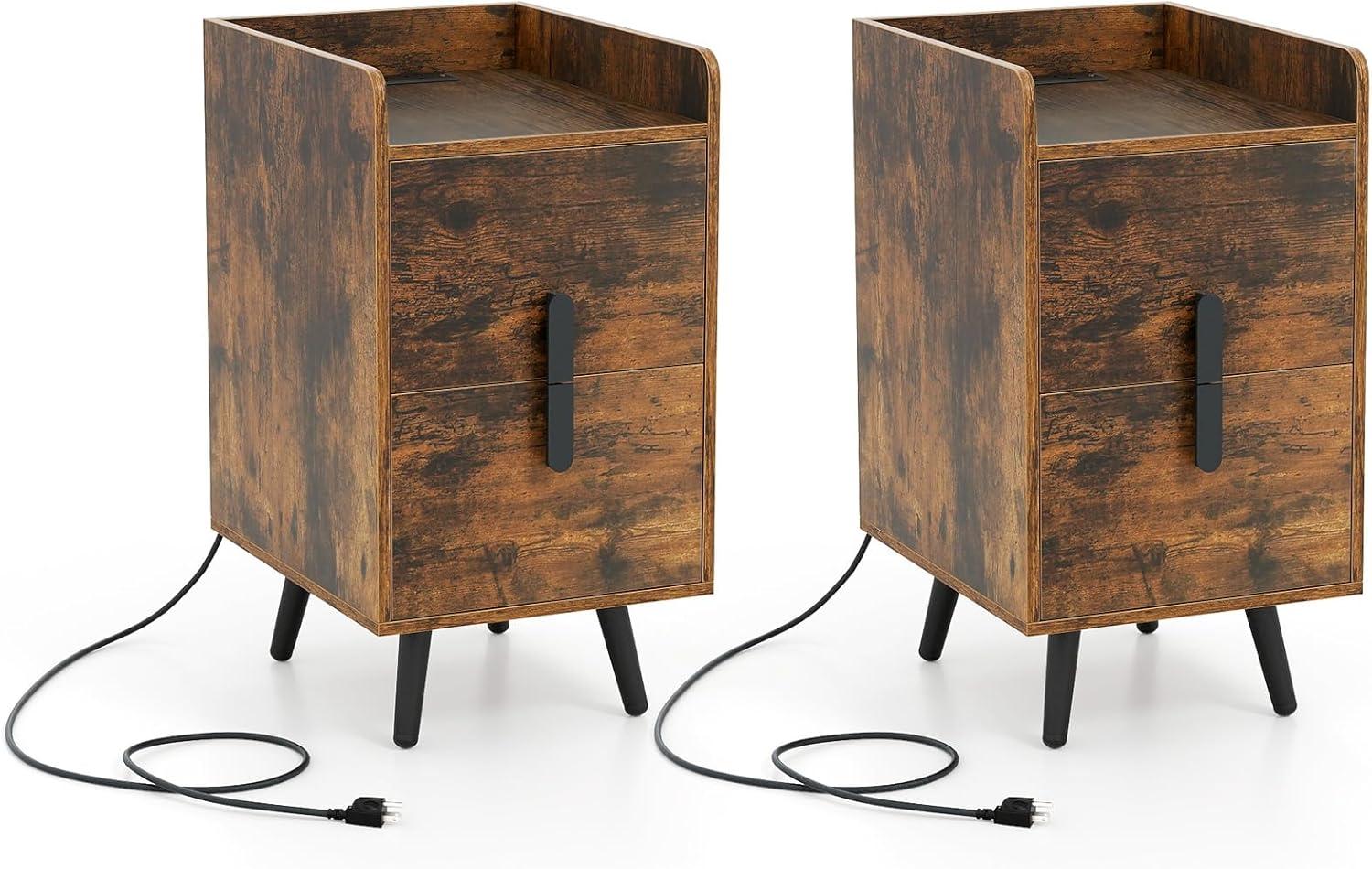 image:imageGiantex Nightstand with Charging Station Narrow End Table with 2 Drawers amp Metal Gold Legs Small Sofa Side Table w 2 USB Ports and 3 Outlets Modern Night Stand for Small Spaces Rustic BrownRustic