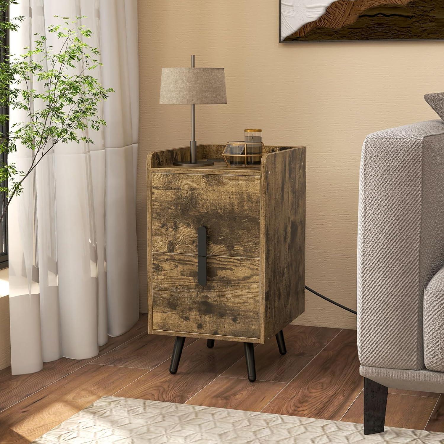 image:imageGiantex Nightstand with Charging Station Narrow End Table with 2 Drawers amp Metal Gold Legs Small Sofa Side Table w 2 USB Ports and 3 Outlets Modern Night Stand for Small Spaces Rustic BrownRustic Brown
