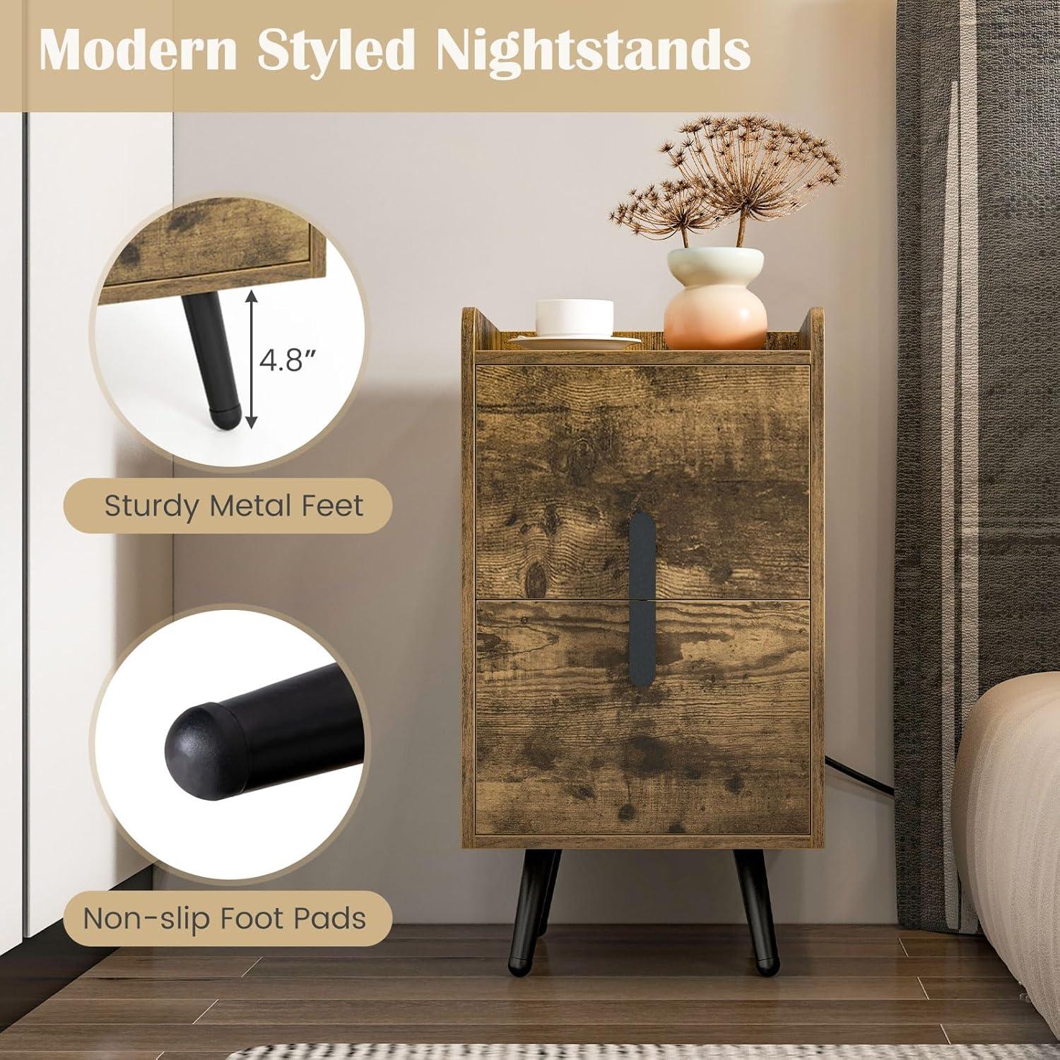 image:imageGiantex Nightstand with Charging Station Narrow End Table with 2 Drawers amp Metal Gold Legs Small Sofa Side Table w 2 USB Ports and 3 Outlets Modern Night Stand for Small Spaces Rustic BrownRustic Brown