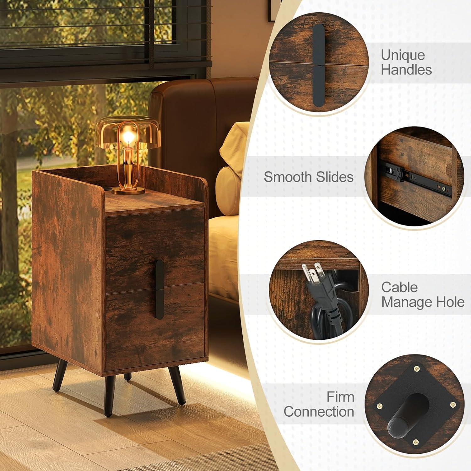 image:imageGiantex Nightstand with Charging Station Narrow End Table with 2 Drawers amp Metal Gold Legs Small Sofa Side Table w 2 USB Ports and 3 Outlets Modern Night Stand for Small Spaces Rustic BrownRustic