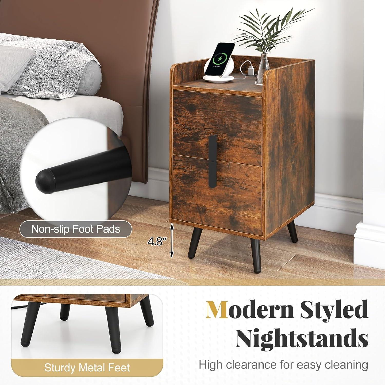 image:imageGiantex Nightstand with Charging Station Narrow End Table with 2 Drawers amp Metal Gold Legs Small Sofa Side Table w 2 USB Ports and 3 Outlets Modern Night Stand for Small Spaces Rustic BrownRustic