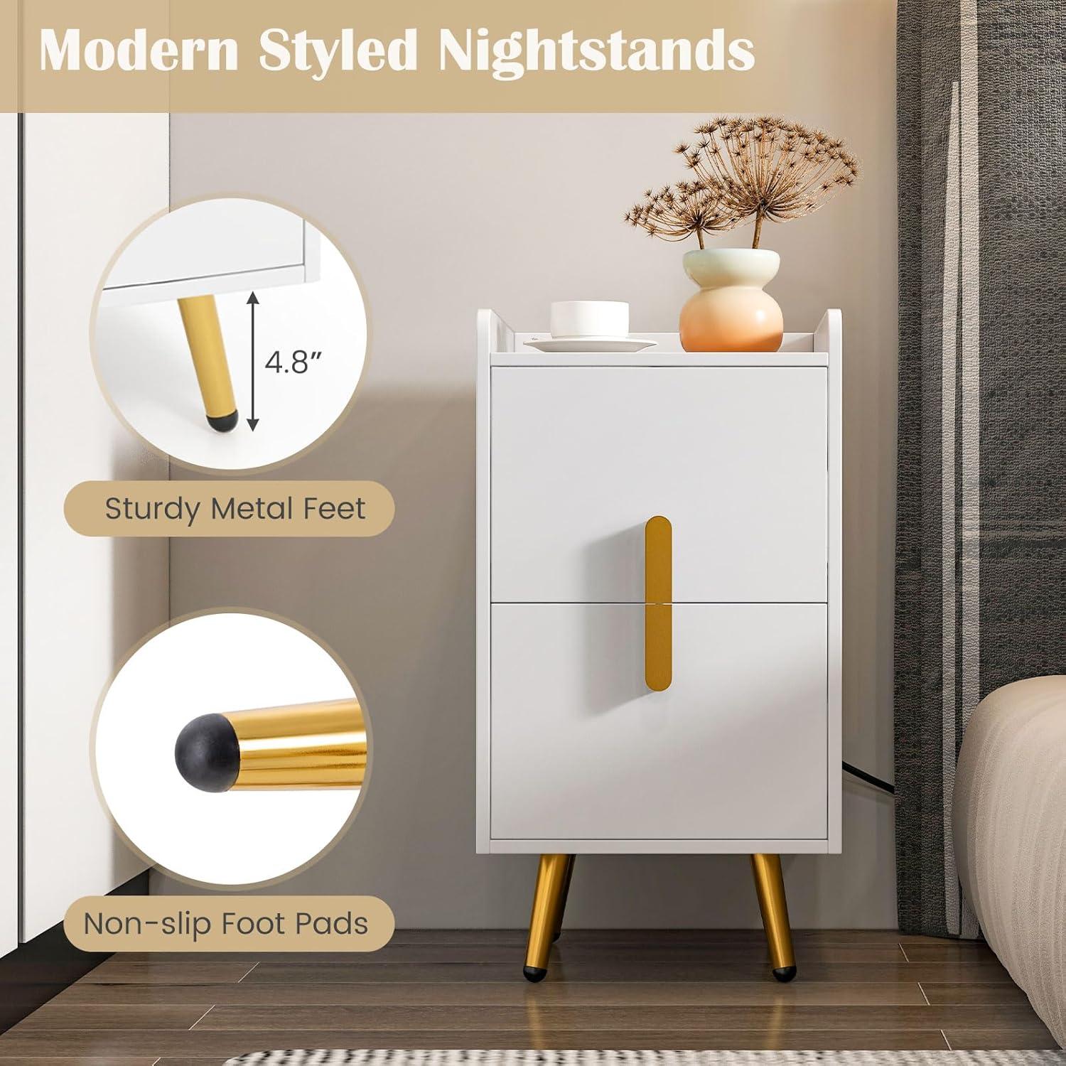 image:imageGiantex Nightstand with Charging Station Narrow End Table with 2 Drawers amp Metal Gold Legs Small Sofa Side Table w 2 USB Ports and 3 Outlets Modern Night Stand for Small Spaces Rustic BrownWhite