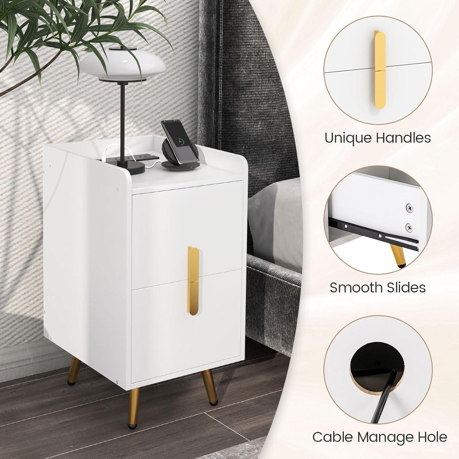 image:imageGiantex Nightstand with Charging Station Narrow End Table with 2 Drawers amp Metal Gold Legs Small Sofa Side Table w 2 USB Ports and 3 Outlets Modern Night Stand for Small Spaces Rustic BrownWhite