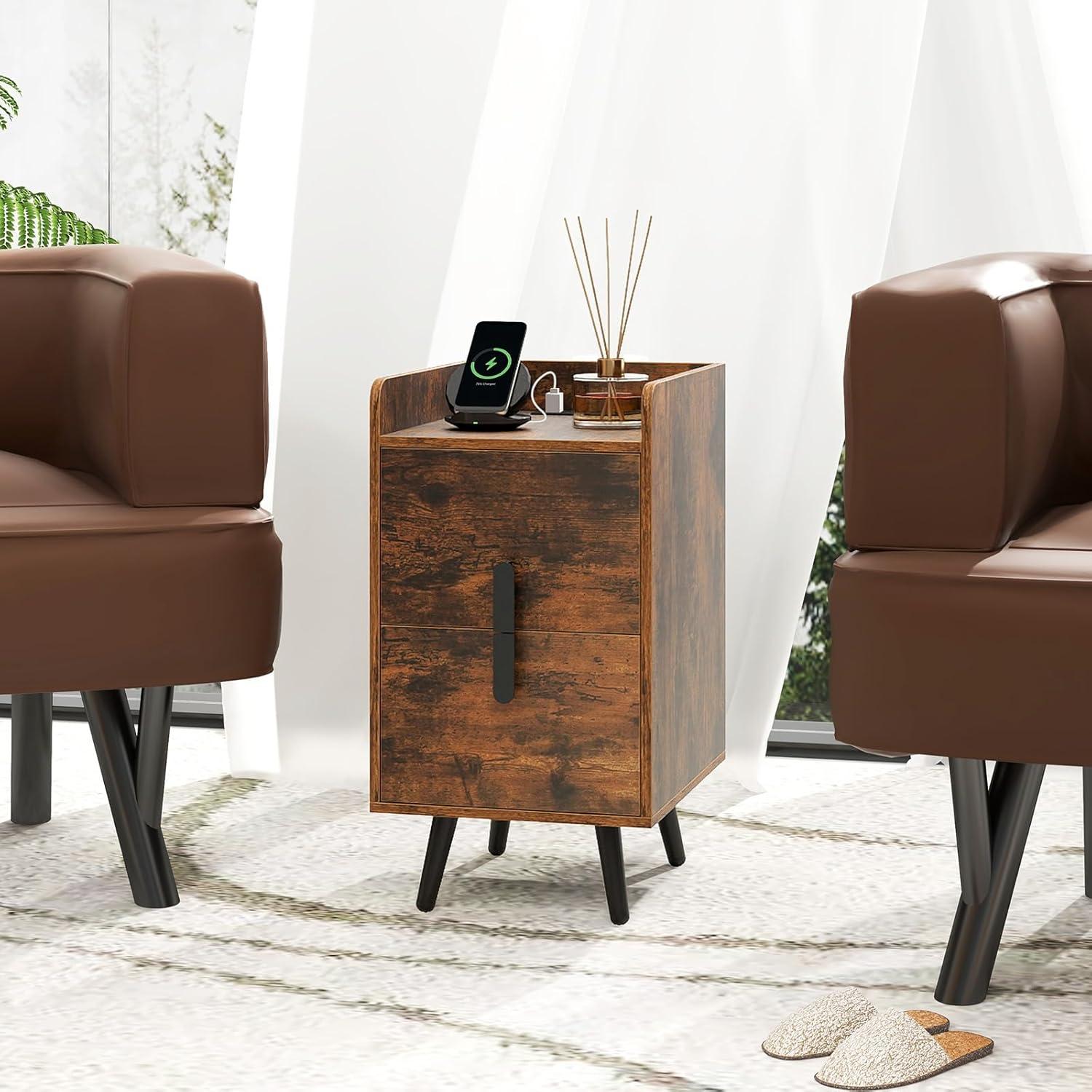 image:imageGiantex Nightstand with Charging Station Narrow End Table with 2 Drawers amp Metal Gold Legs Small Sofa Side Table w 2 USB Ports and 3 Outlets Modern Night Stand for Small Spaces Rustic BrownRustic
