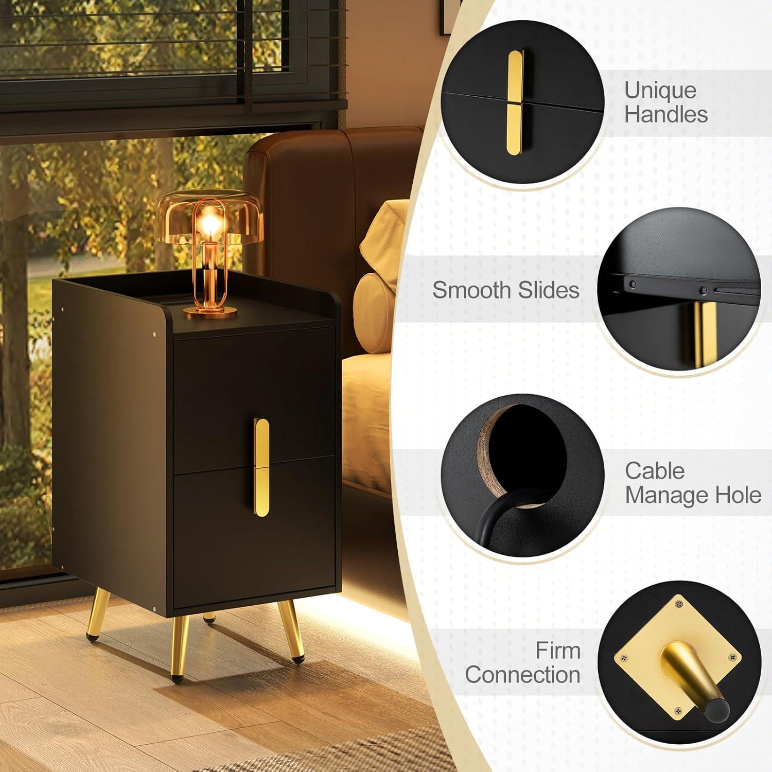 image:imageGiantex Nightstand with Charging Station Narrow End Table with 2 Drawers amp Metal Gold Legs Small Sofa Side Table w 2 USB Ports and 3 Outlets Modern Night Stand for Small Spaces Rustic BrownBlack