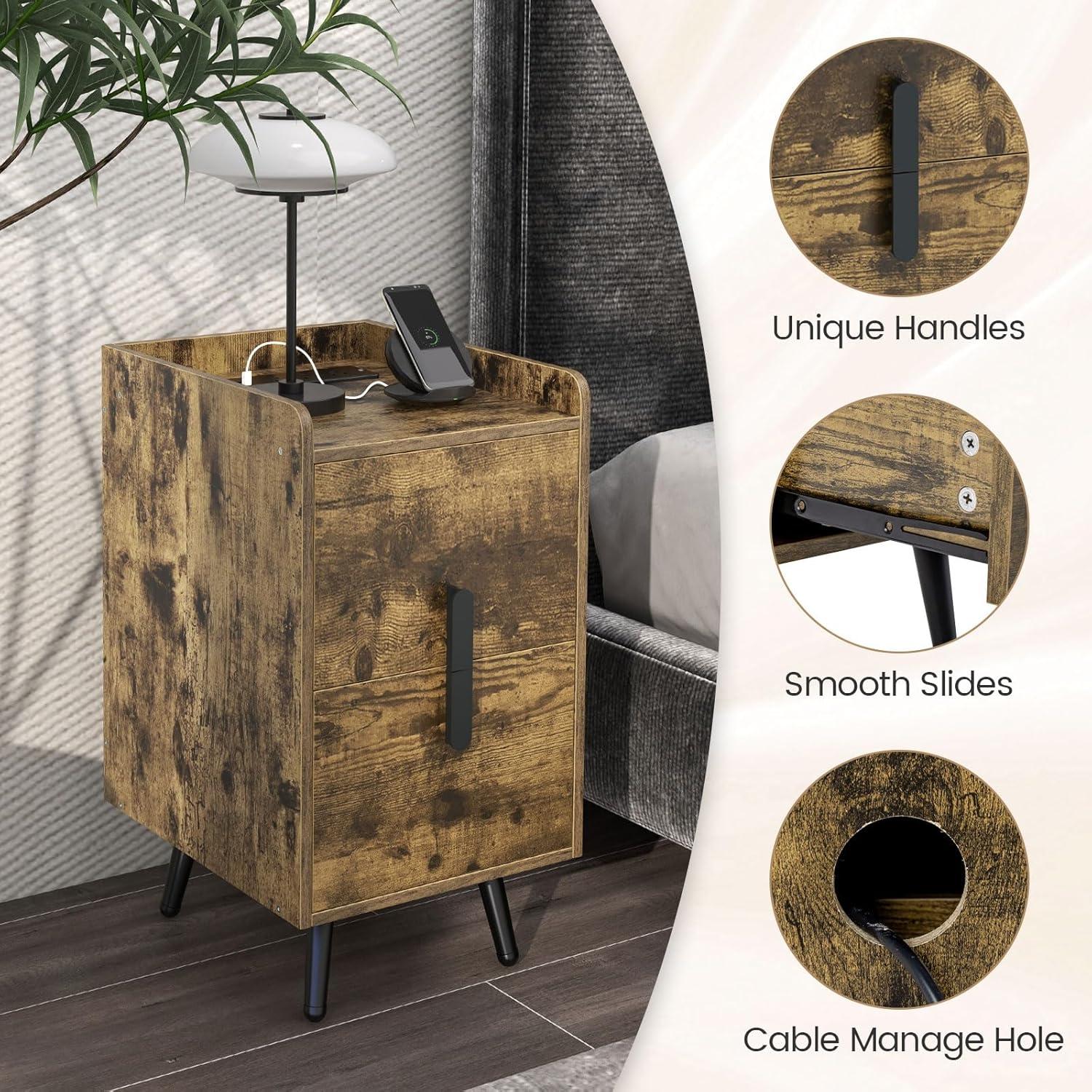 image:imageGiantex Nightstand with Charging Station Narrow End Table with 2 Drawers amp Metal Gold Legs Small Sofa Side Table w 2 USB Ports and 3 Outlets Modern Night Stand for Small Spaces Rustic BrownRustic Brown