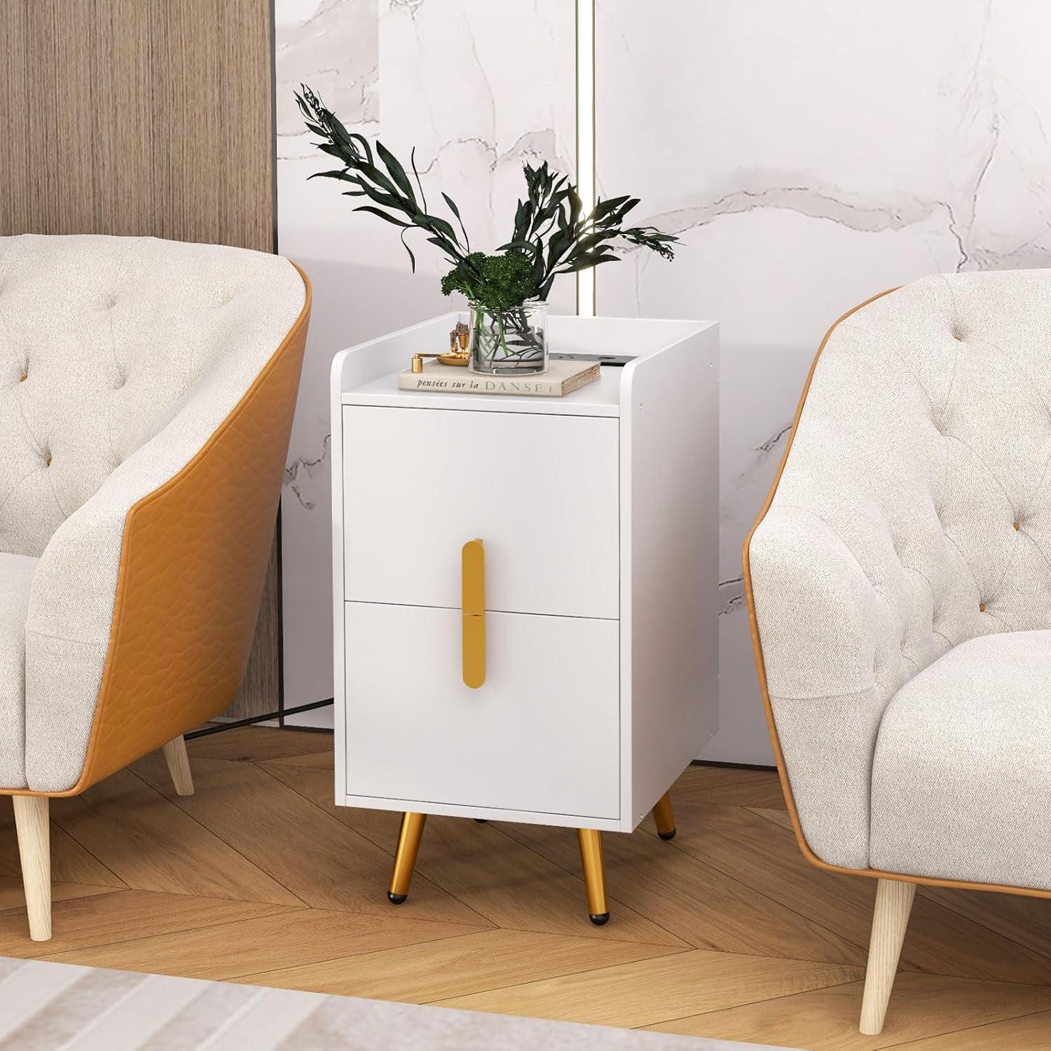 image:imageGiantex Nightstand with Charging Station Narrow End Table with 2 Drawers amp Metal Gold Legs Small Sofa Side Table w 2 USB Ports and 3 Outlets Modern Night Stand for Small Spaces Rustic BrownWhite
