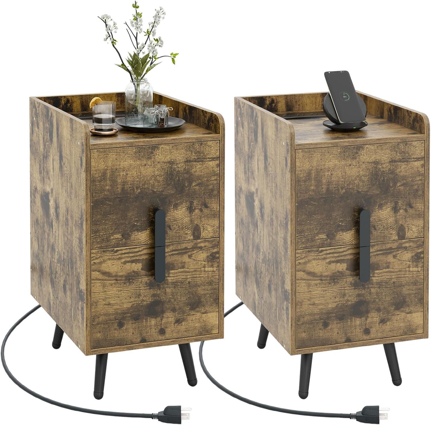 image:imageGiantex Nightstand with Charging Station Narrow End Table with 2 Drawers amp Metal Gold Legs Small Sofa Side Table w 2 USB Ports and 3 Outlets Modern Night Stand for Small Spaces Rustic BrownRustic Brown