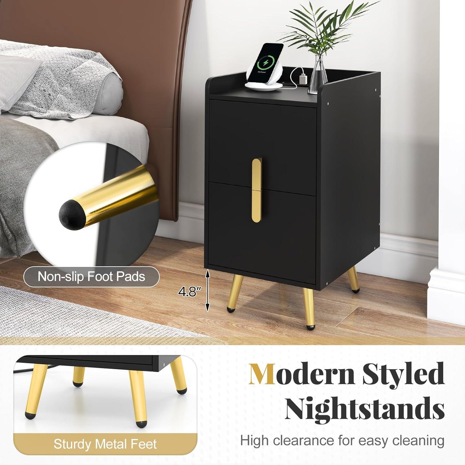 image:imageGiantex Nightstand with Charging Station Narrow End Table with 2 Drawers amp Metal Gold Legs Small Sofa Side Table w 2 USB Ports and 3 Outlets Modern Night Stand for Small Spaces Rustic BrownBlack