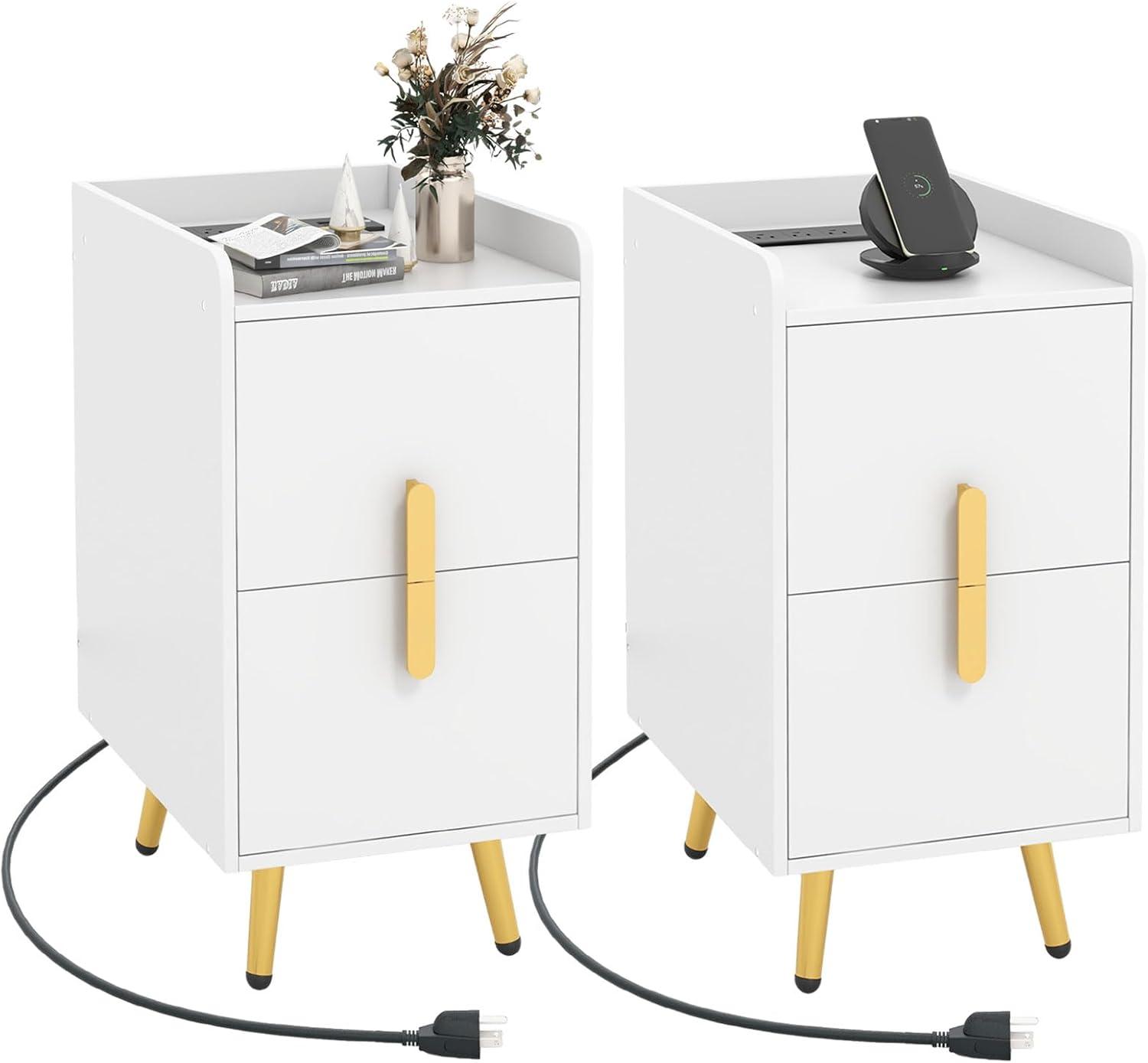 image:imageGiantex Nightstand with Charging Station Narrow End Table with 2 Drawers amp Metal Gold Legs Small Sofa Side Table w 2 USB Ports and 3 Outlets Modern Night Stand for Small Spaces Rustic BrownWhite