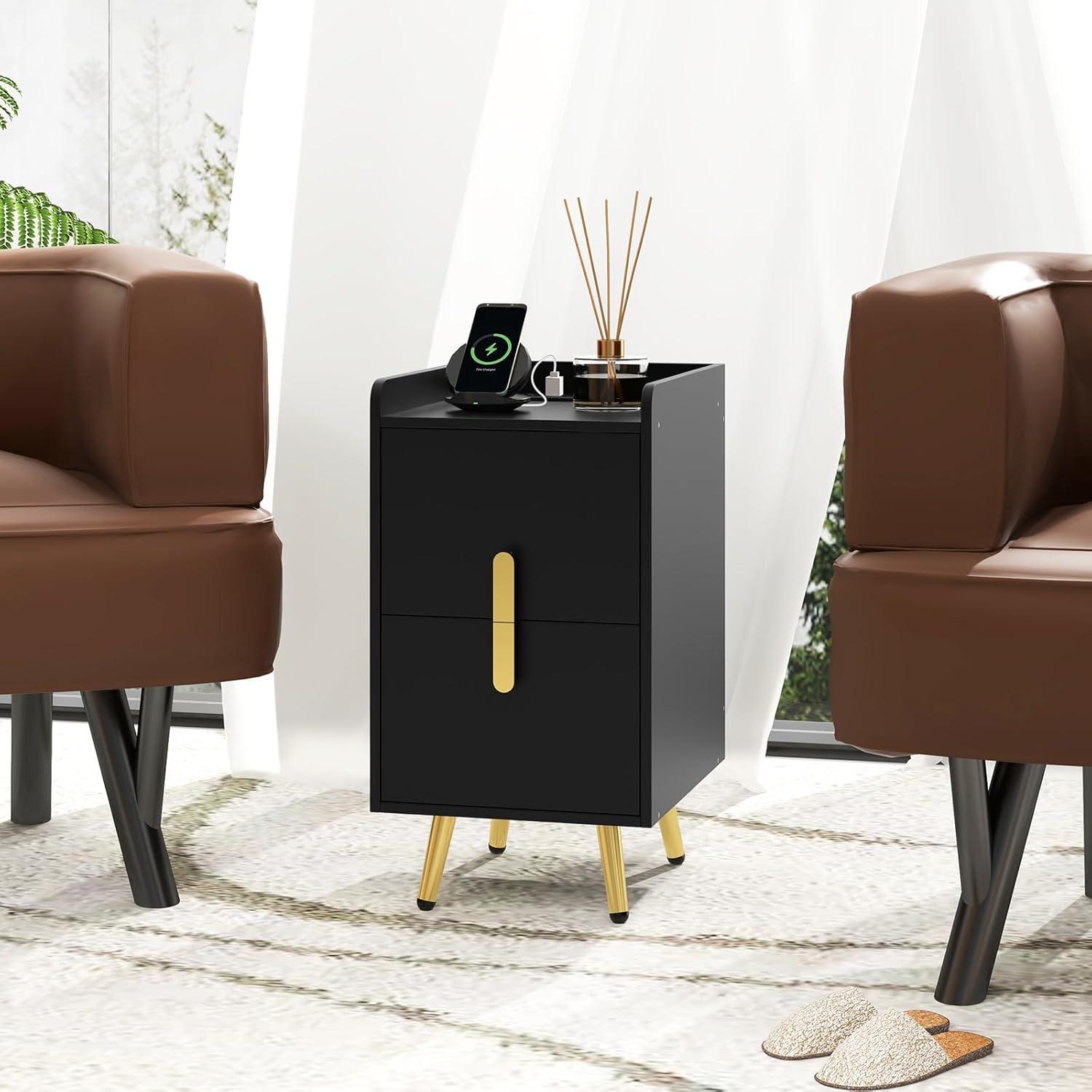image:imageGiantex Nightstand with Charging Station Narrow End Table with 2 Drawers amp Metal Gold Legs Small Sofa Side Table w 2 USB Ports and 3 Outlets Modern Night Stand for Small Spaces Rustic BrownBlack