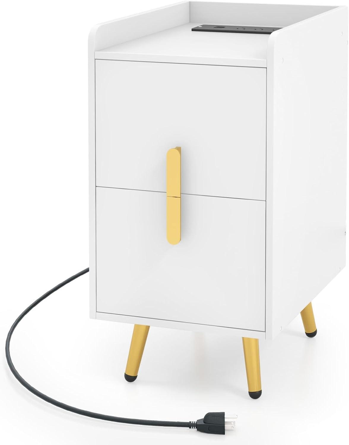 image:imageGiantex Nightstand with Charging Station Narrow End Table with 2 Drawers amp Metal Gold Legs Small Sofa Side Table w 2 USB Ports and 3 Outlets Modern Night Stand for Small Spaces Rustic BrownWhite
