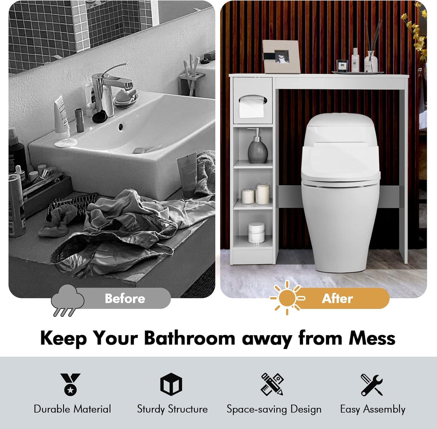 image:imageGiantex Over The Toilet Storage Cabinet Freestanding Toilet Cabinet Organizer wAdjustable Shelves amp Toilet Paper Holder Bathroom Space Saver Storage Rack Home Organizer for Bathroom LaundryWhite